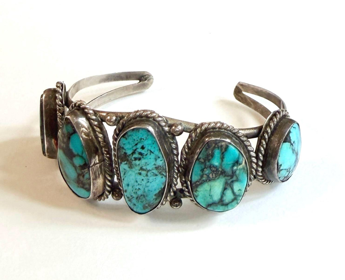 Vintage Navajo Five Stone Turquoise Cuff Bracelet 60s 70s Native American Sterling Silver