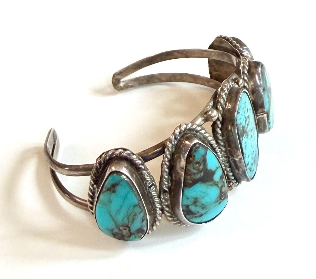 Vintage Navajo Five Stone Turquoise Cuff Bracelet 60s 70s Native American Sterling Silver