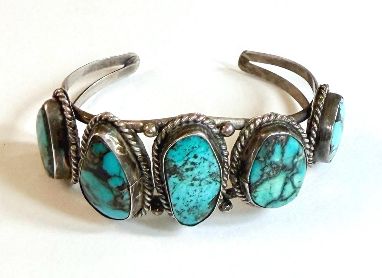 Vintage Navajo Five Stone Turquoise Cuff Bracelet 60s 70s Native American Sterling Silver
