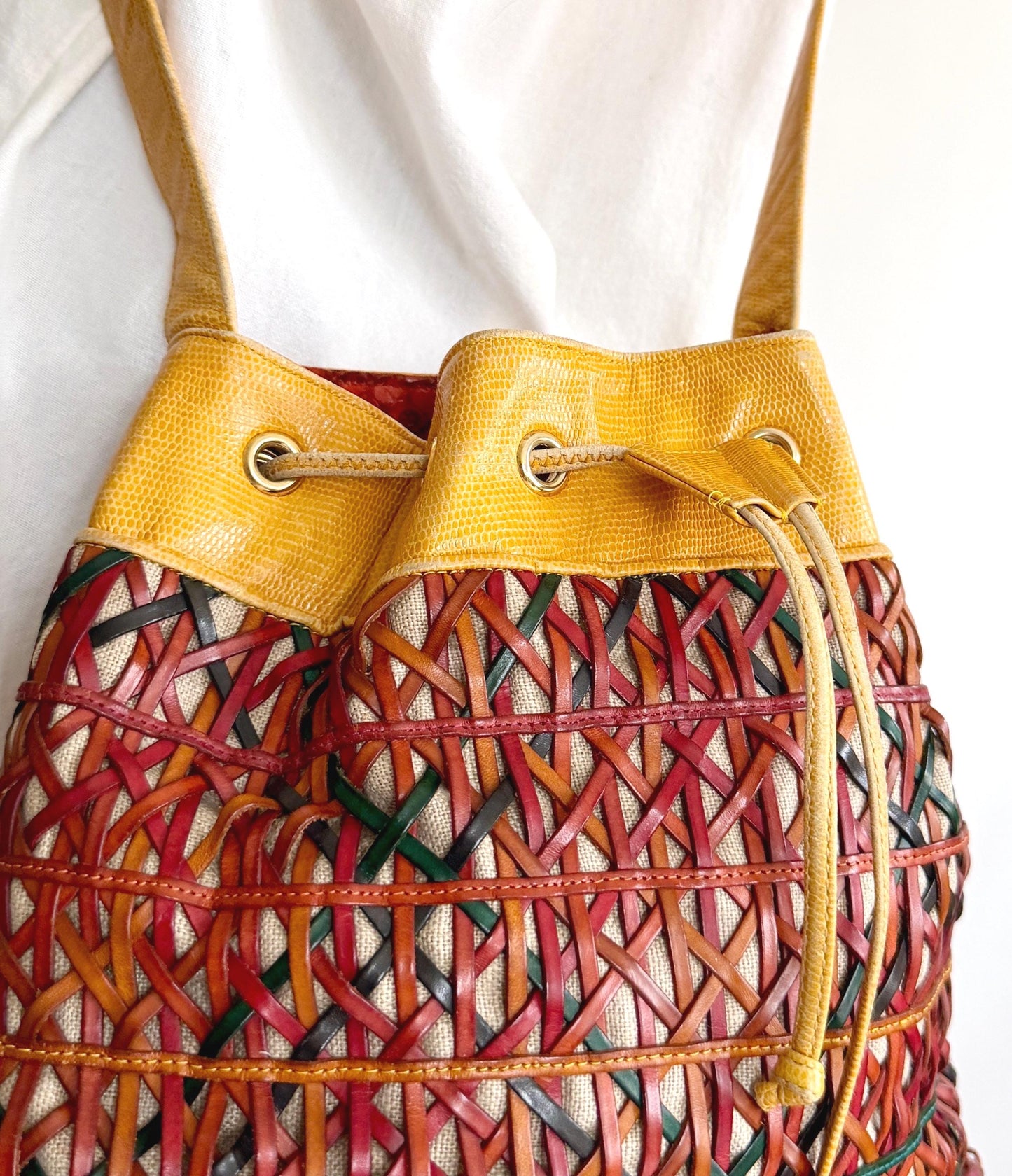 Vintage Sharif Lizard Drawstring Bucket Bag Multicolor Basketweave Leather