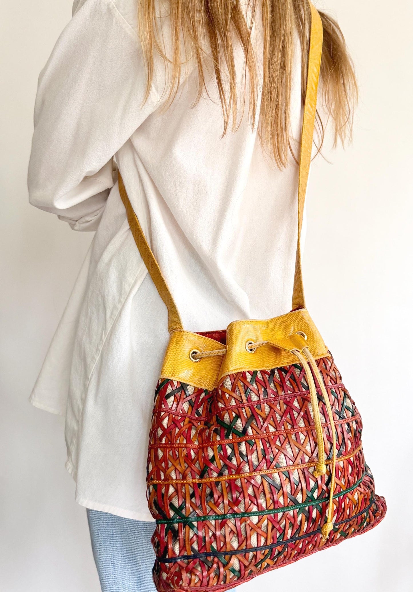 Vintage Sharif Lizard Drawstring Bucket Bag Multicolor Basketweave Leather