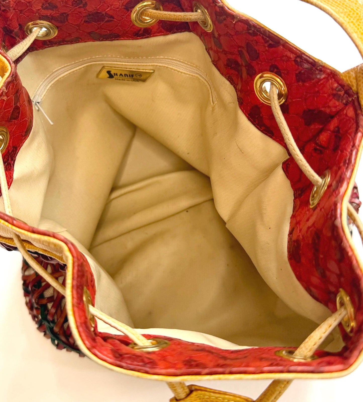 Vintage Sharif Lizard Drawstring Bucket Bag Multicolor Basketweave Leather