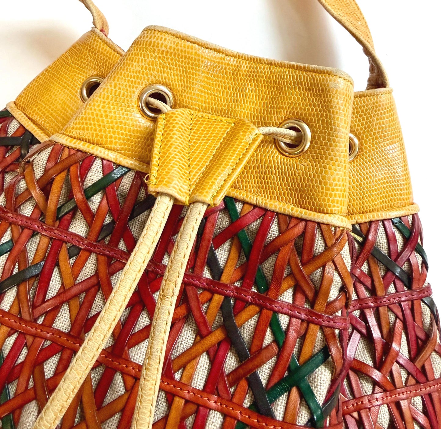 Vintage Sharif Lizard Drawstring Bucket Bag Multicolor Basketweave Leather