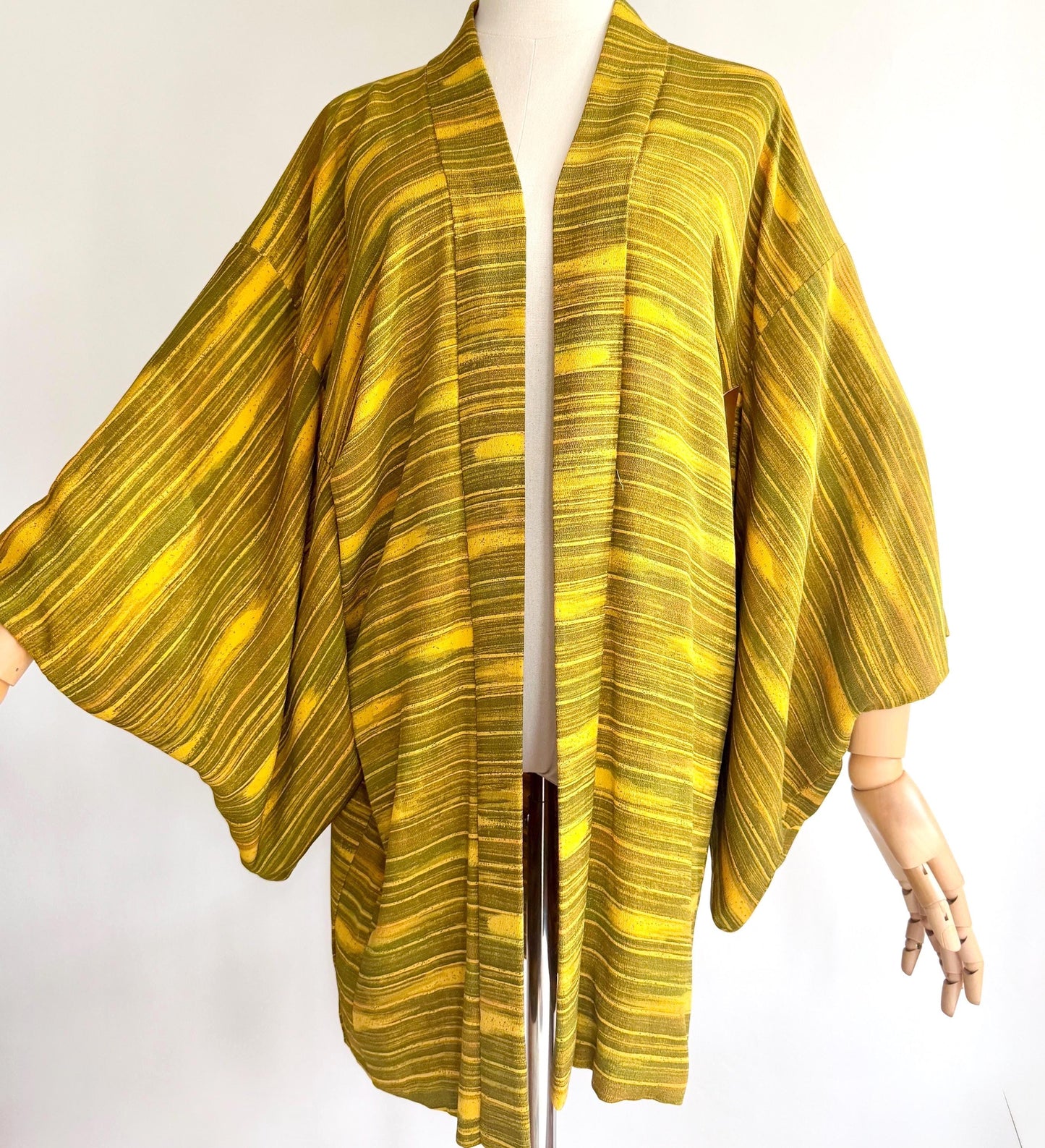 Vintage Japanese Silk Kimono Jacket Mustard Yellow Olive Green