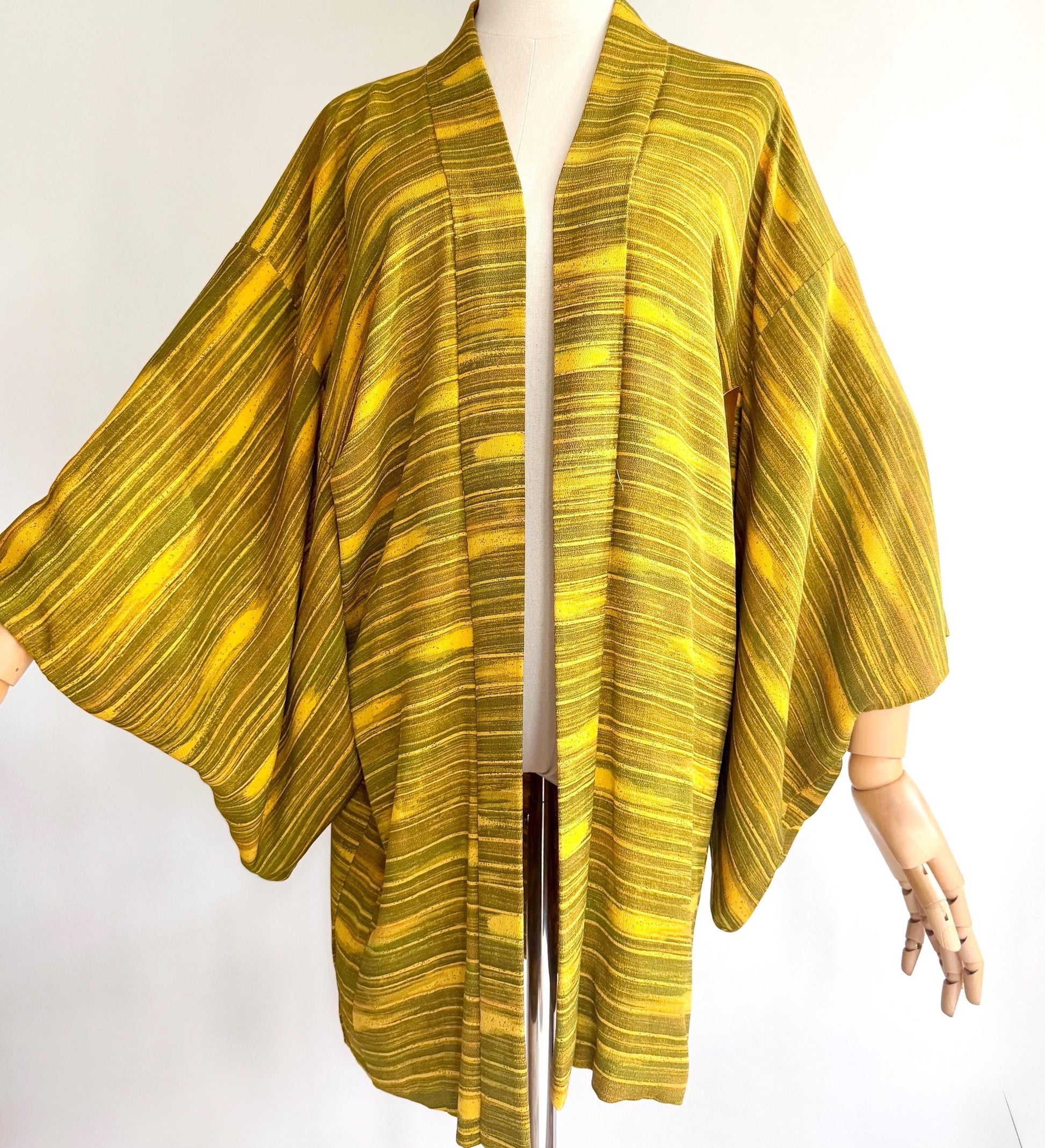 Vintage Japanese Silk Kimono Jacket Mustard Yellow Olive Green
