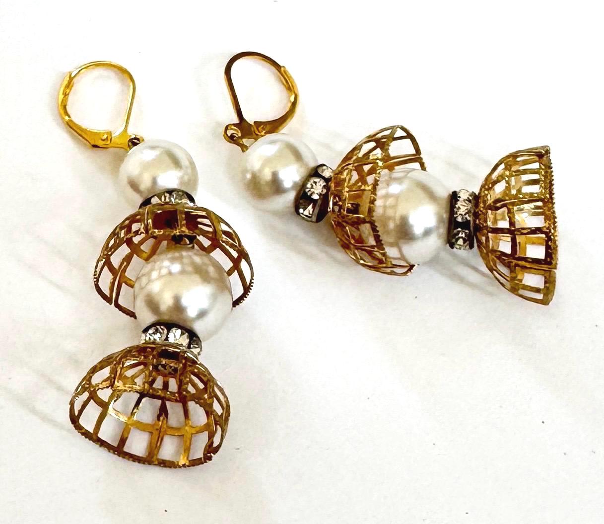 Vintage Gold Cage Earrings 2.25" Dangle Drop Style Faux Pearl Beads Clear Diamanté Crystal Costume Jewelry
