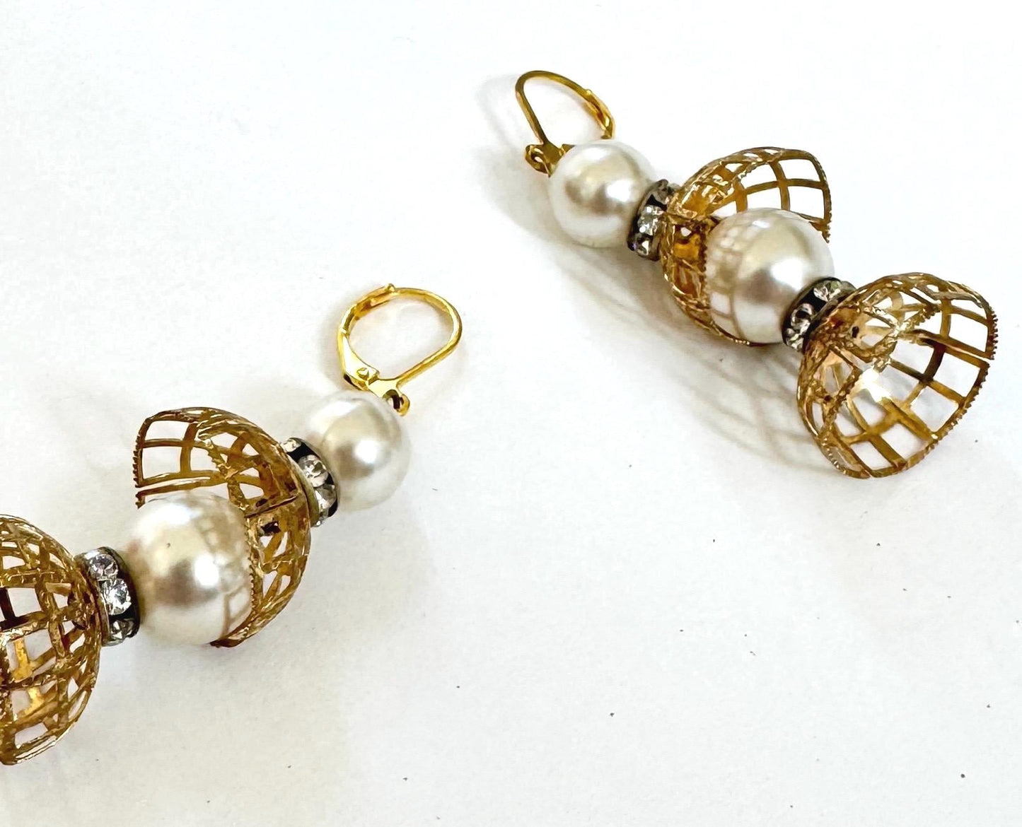 Vintage Gold Cage Earrings 2.25" Dangle Drop Style Faux Pearl Beads Clear Diamanté Crystal Costume Jewelry