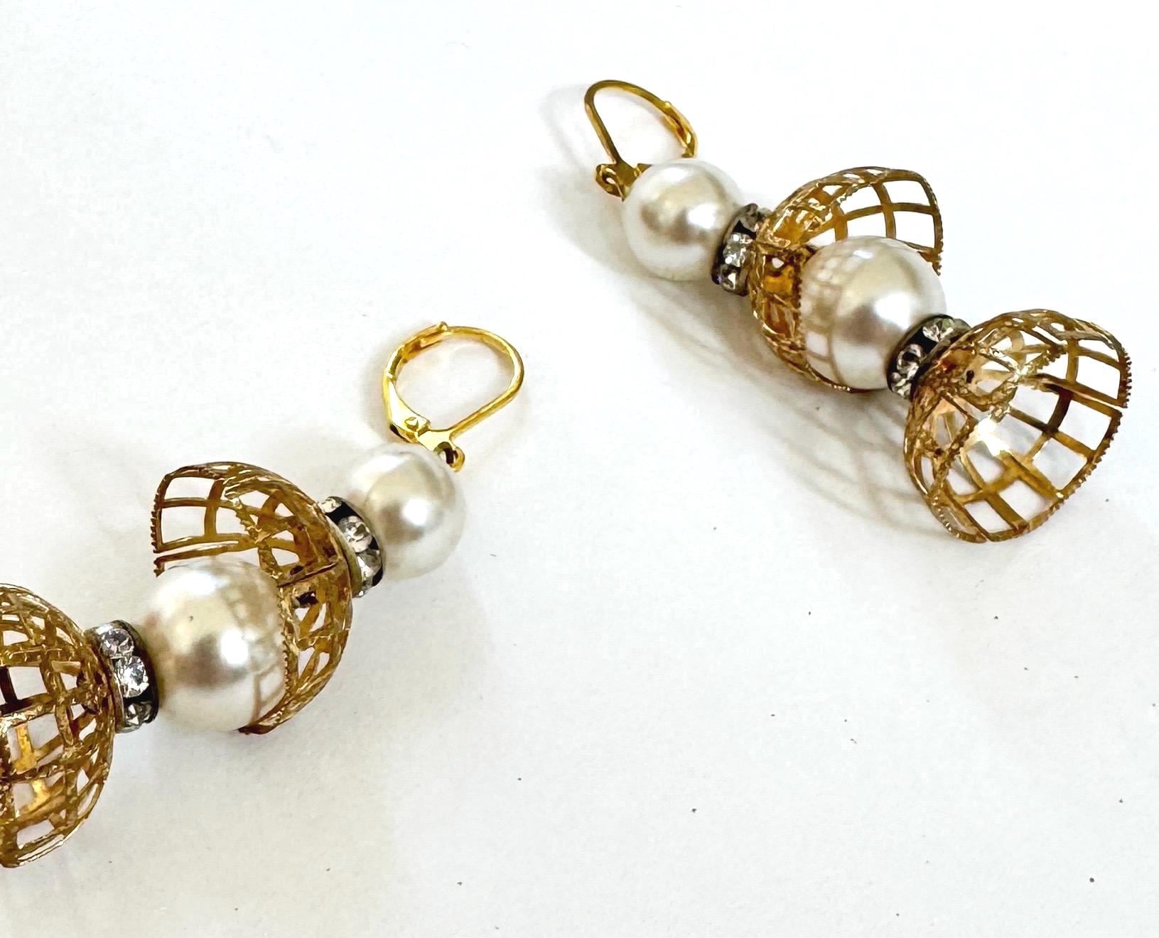 Vintage Gold Cage Earrings 2.25" Dangle Drop Style Faux Pearl Beads Clear Diamanté Crystal Costume Jewelry