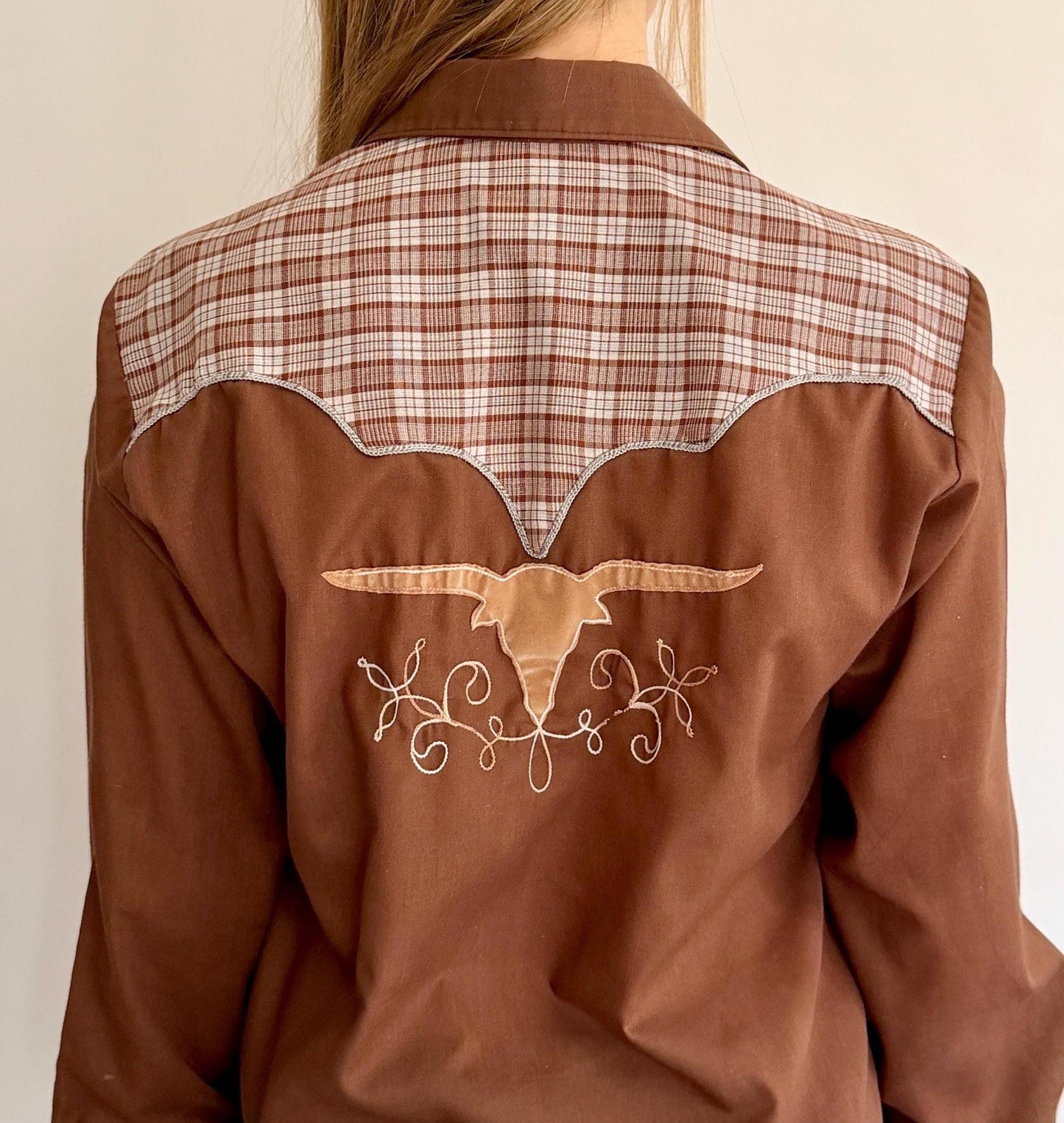 Vintage Rockmount Western Pearl Snap Shirt Short Horn Bull Head Appliqué