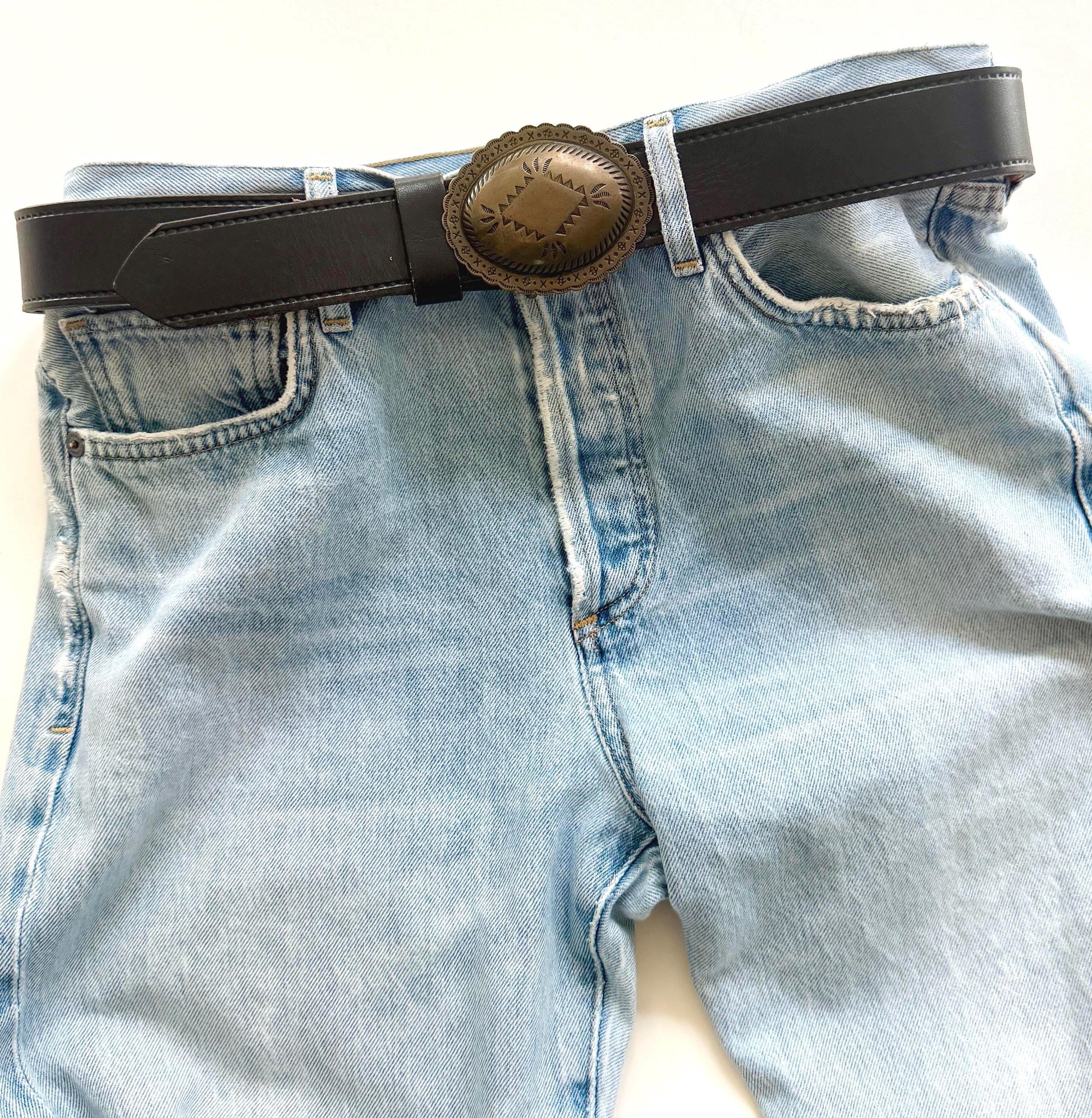 Vintage Western Concho Belt Solid Brass Navajo Style Buckle Black Leather Strap