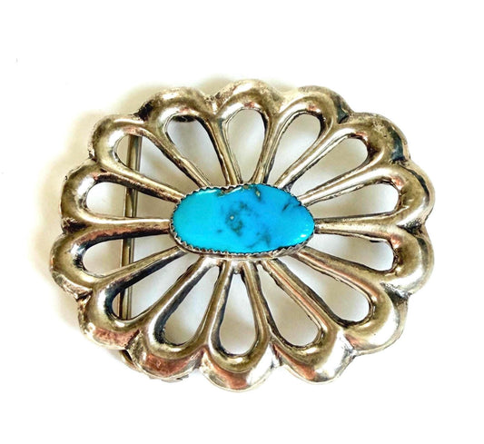 Vintage Native American Cast Sterling Silver and Turquoise Belt Buckle
