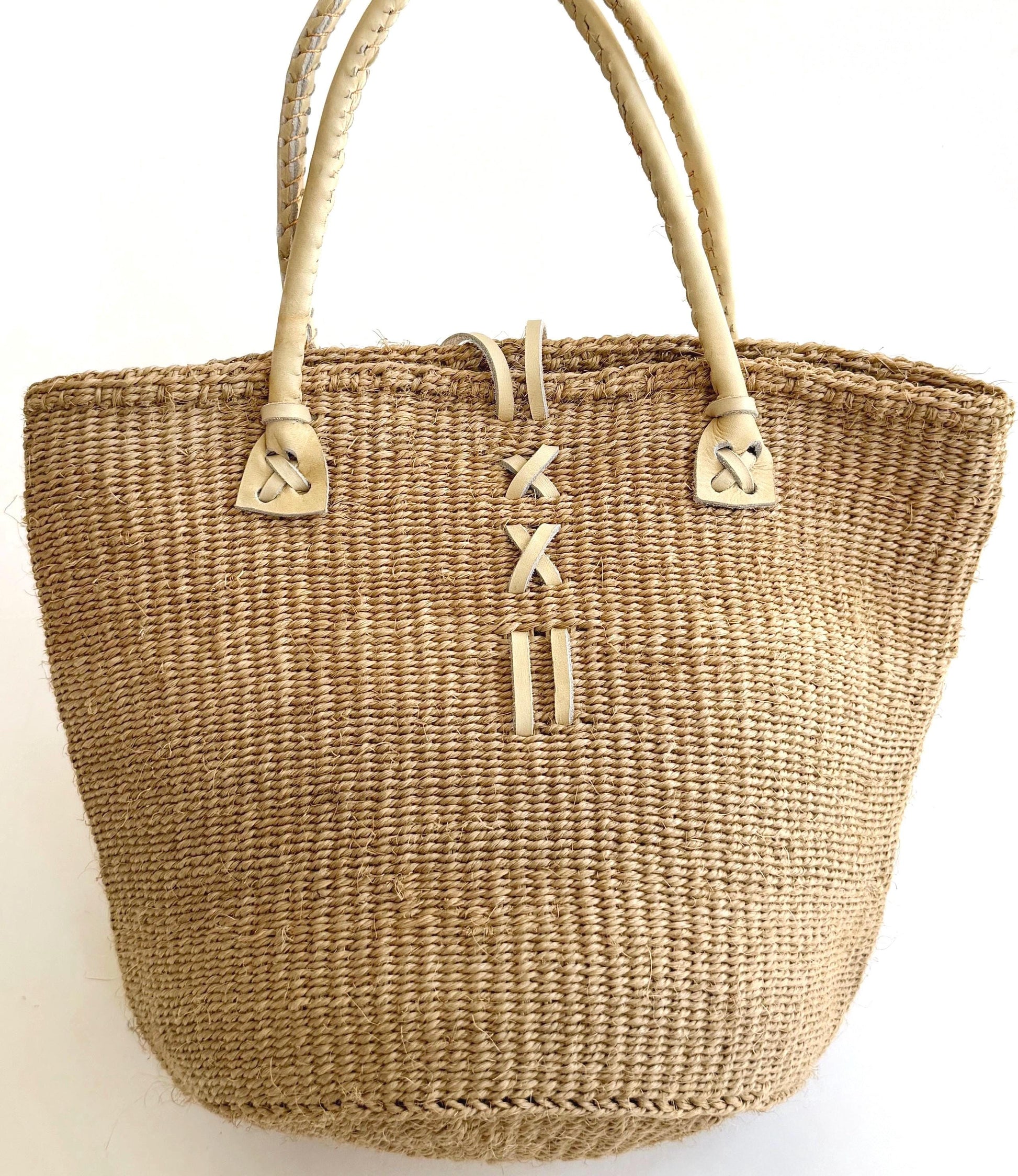 Vintage Neutral Beige Sisal Bag with Leather Straps