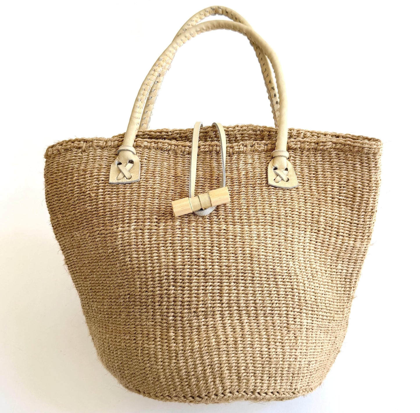 Vintage Neutral Beige Sisal Bag with Leather Straps