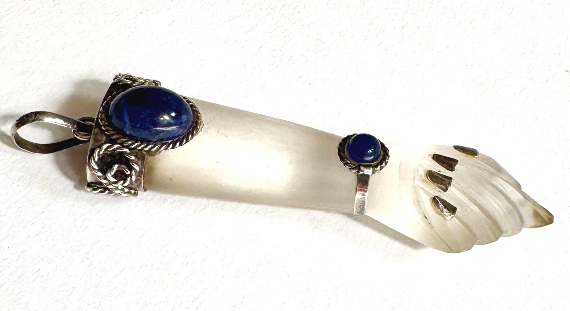 Large Vintage Figa Pendant 900 Silver Clear Crystal Lapis Lazuli Good Luck Charm