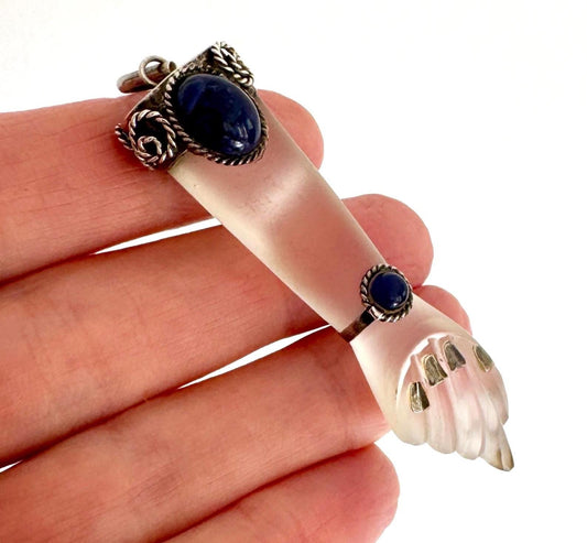 Large Vintage Figa Pendant 900 Silver Clear Crystal Lapis Lazuli Good Luck Charm