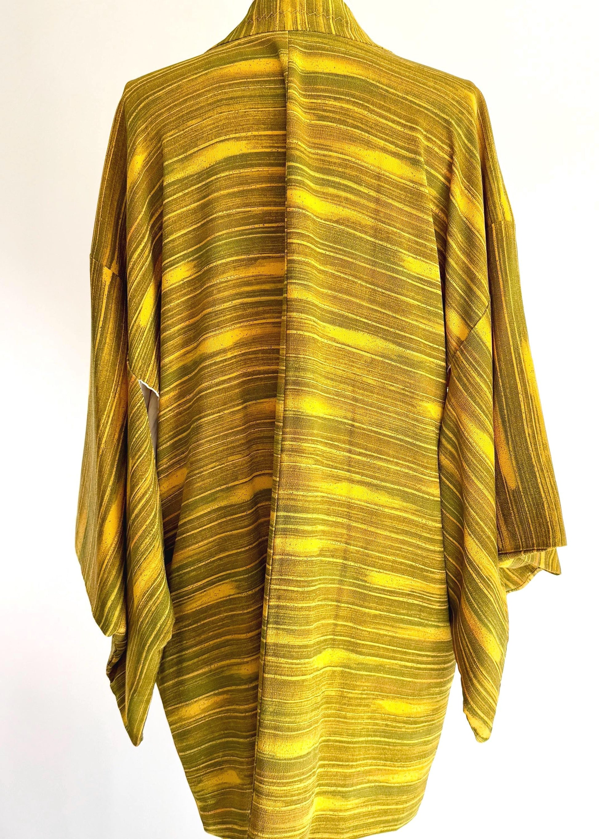 Vintage Japanese Silk Kimono Jacket Mustard Yellow Olive Green