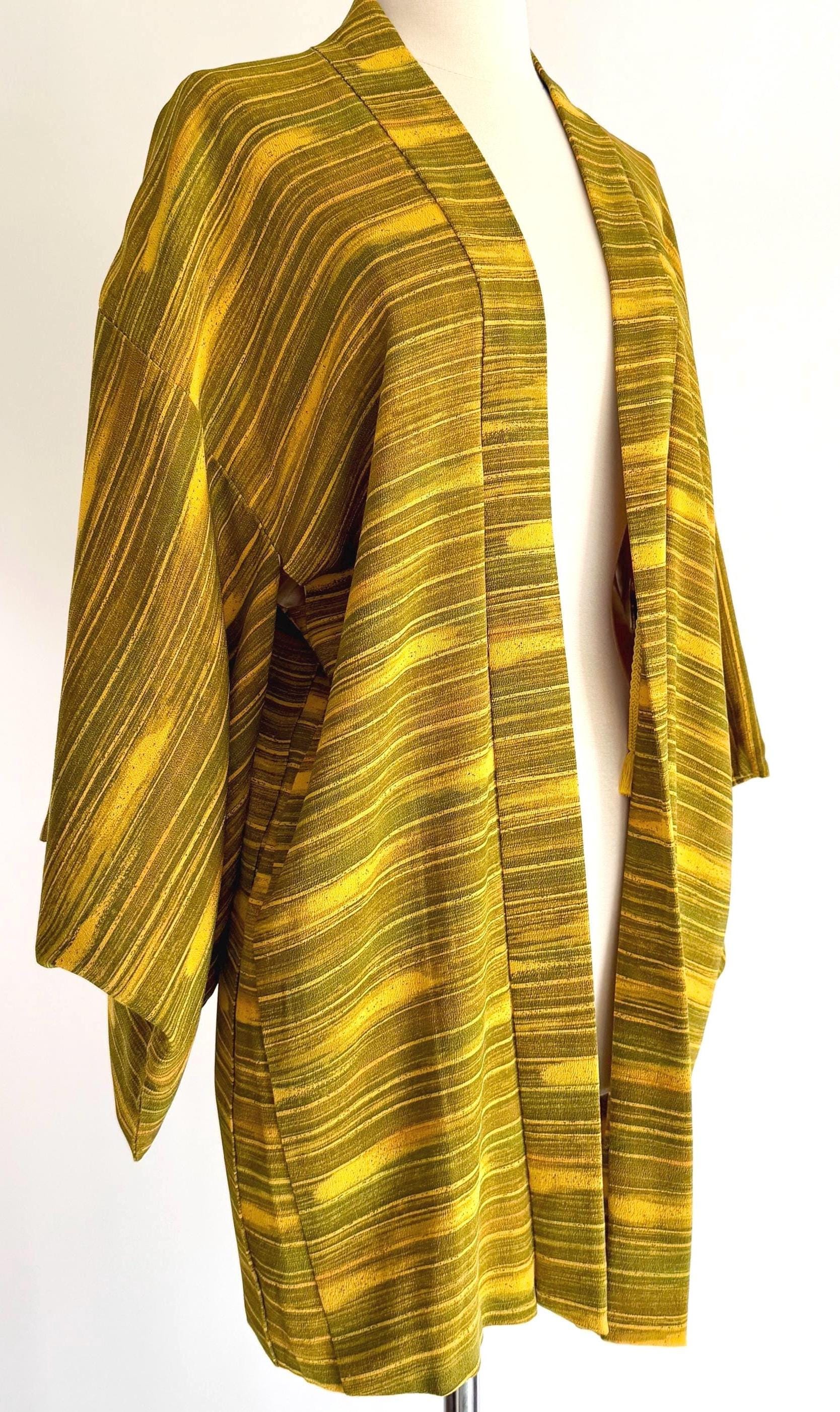 Vintage Japanese Silk Kimono Jacket Mustard Yellow Olive Green