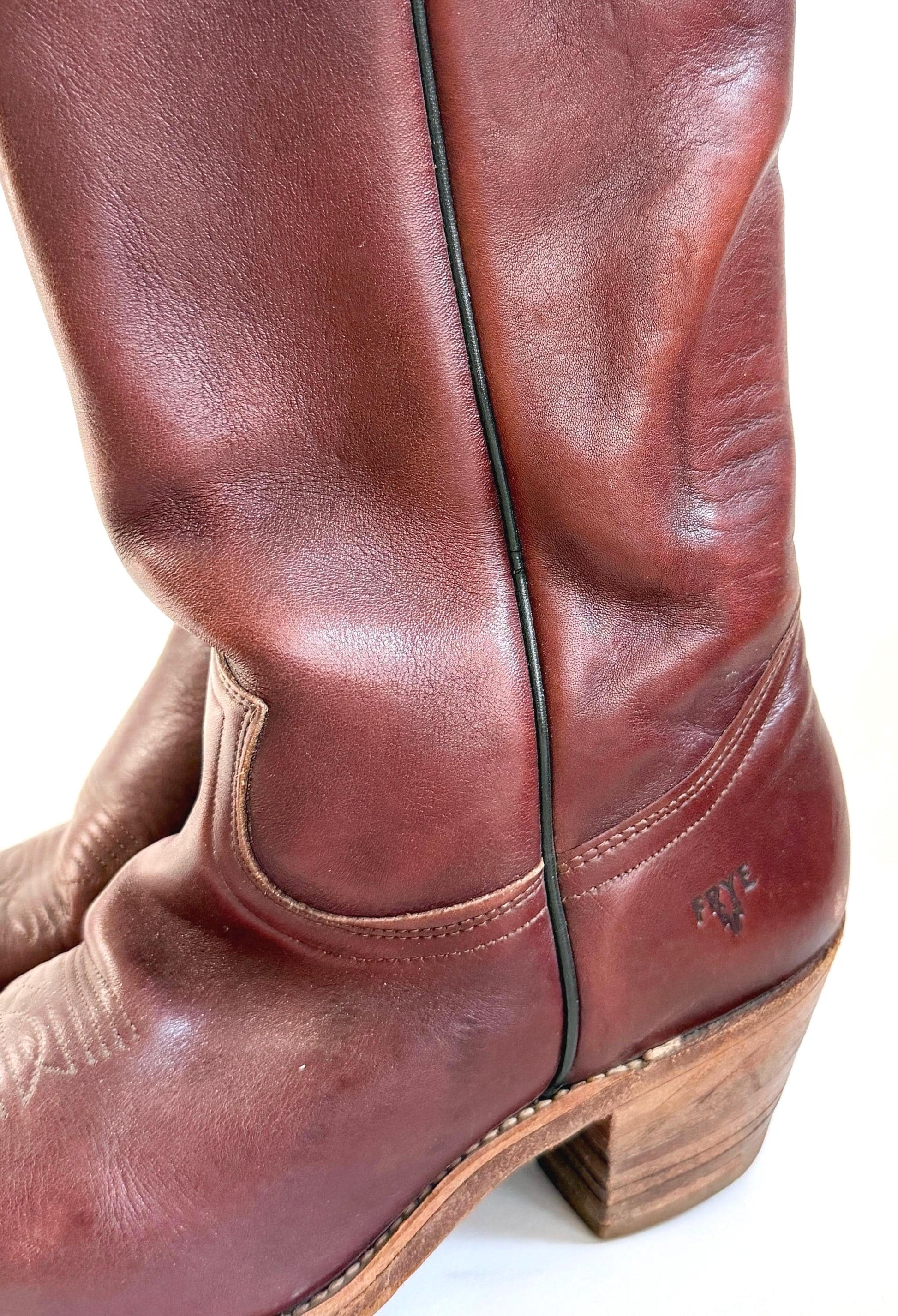 Vintage Frye Western Cowboy Boots Oxblood Brown Leather Made in USA