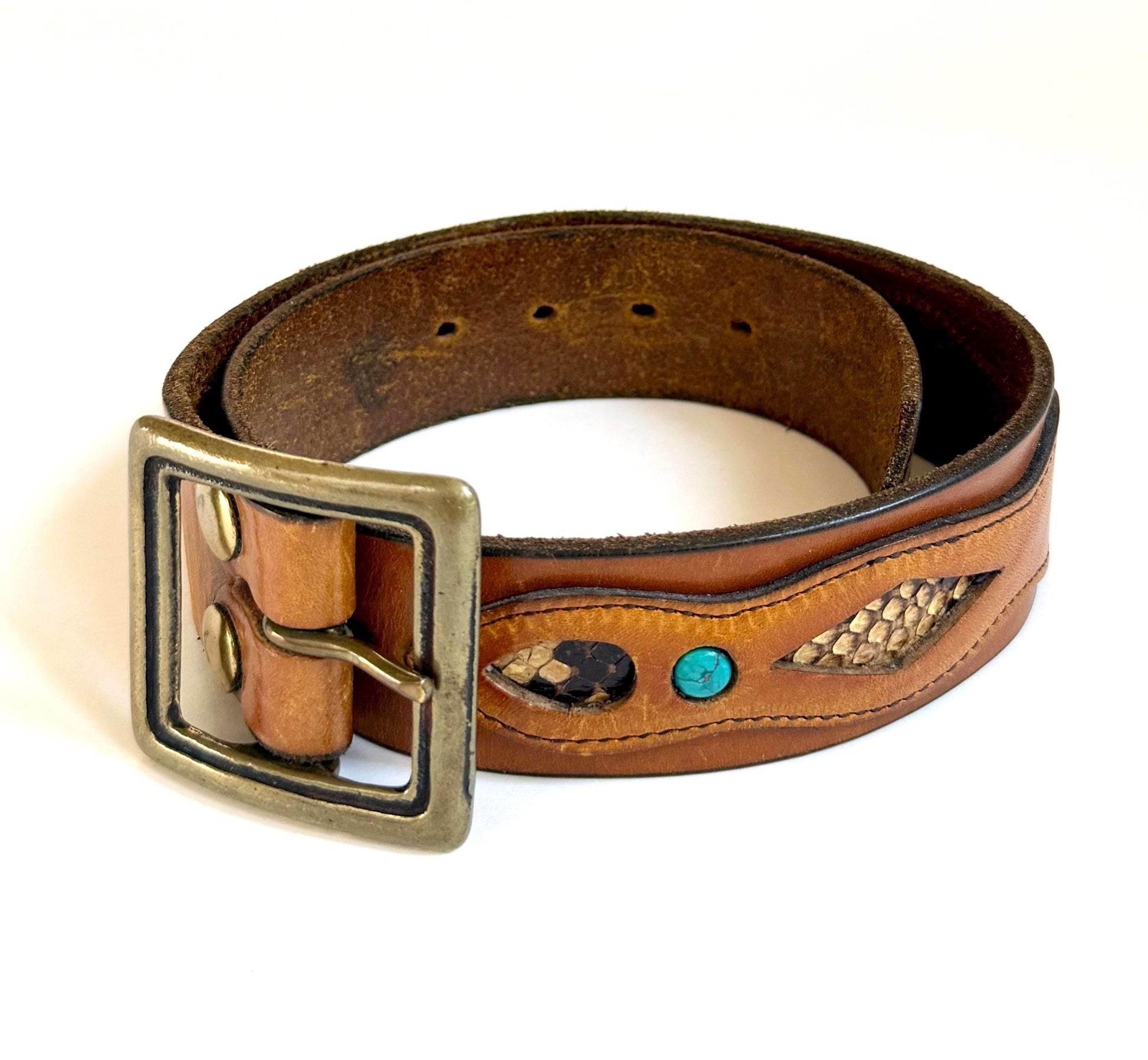 Vintage Western Snakeskin Turquoise Belt Brown Leather Strap