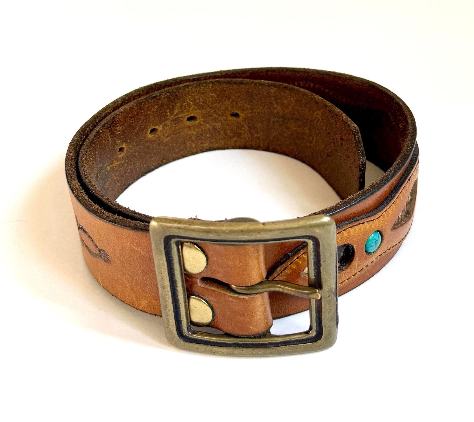 Vintage Western Snakeskin Turquoise Belt Brown Leather Strap
