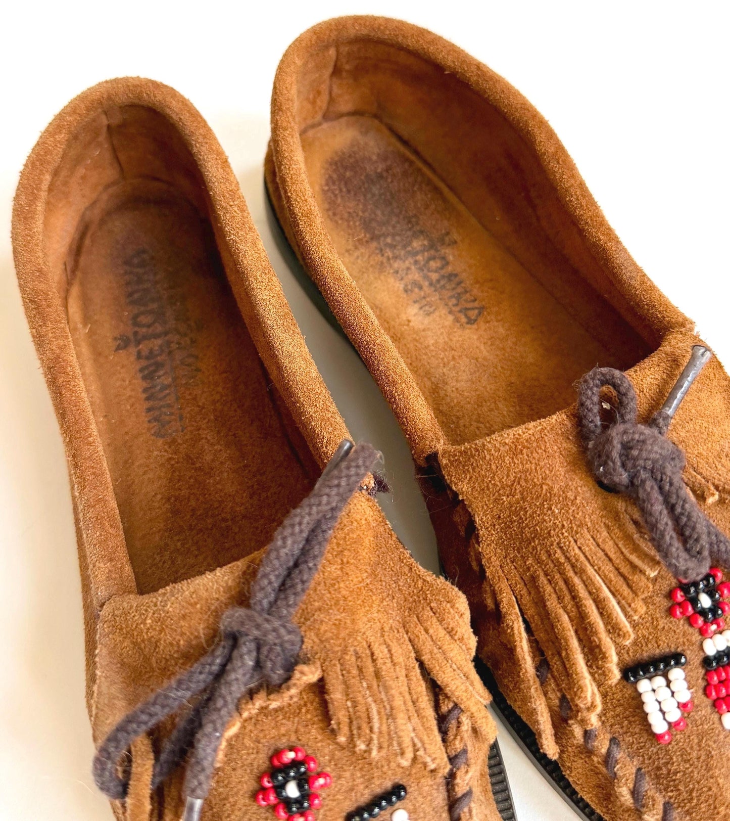 Vintage Minnetonka Moccasins Brown Sueded Leather with Thunderbird Beading