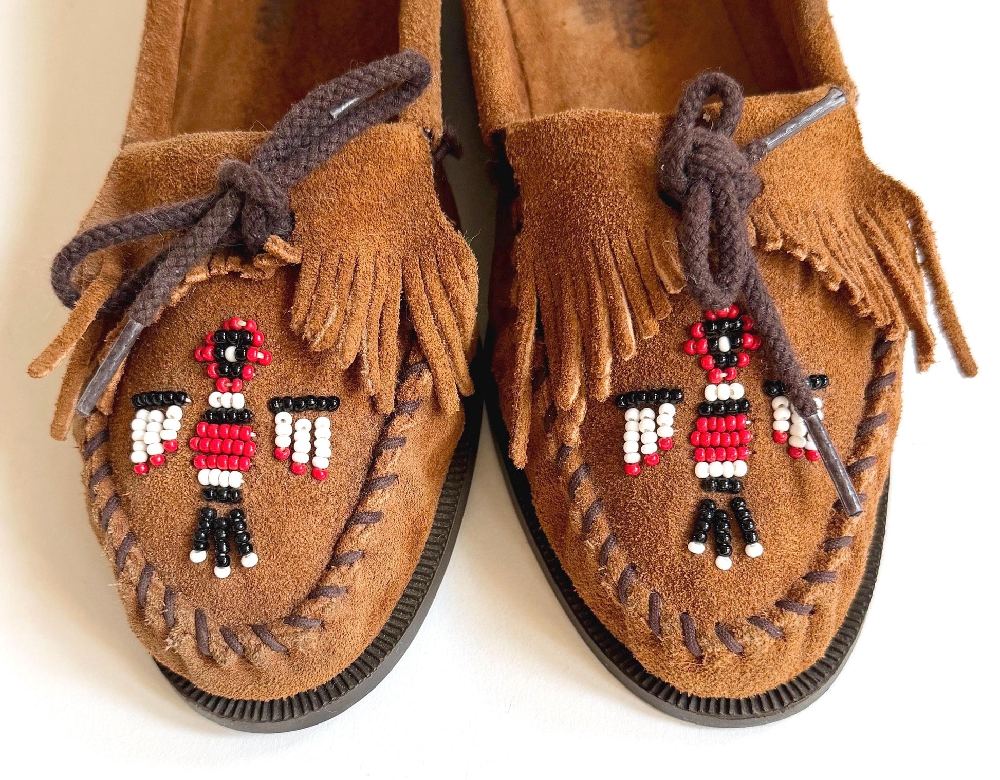 Vintage Minnetonka Moccasins Brown Sueded Leather with Thunderbird Beading