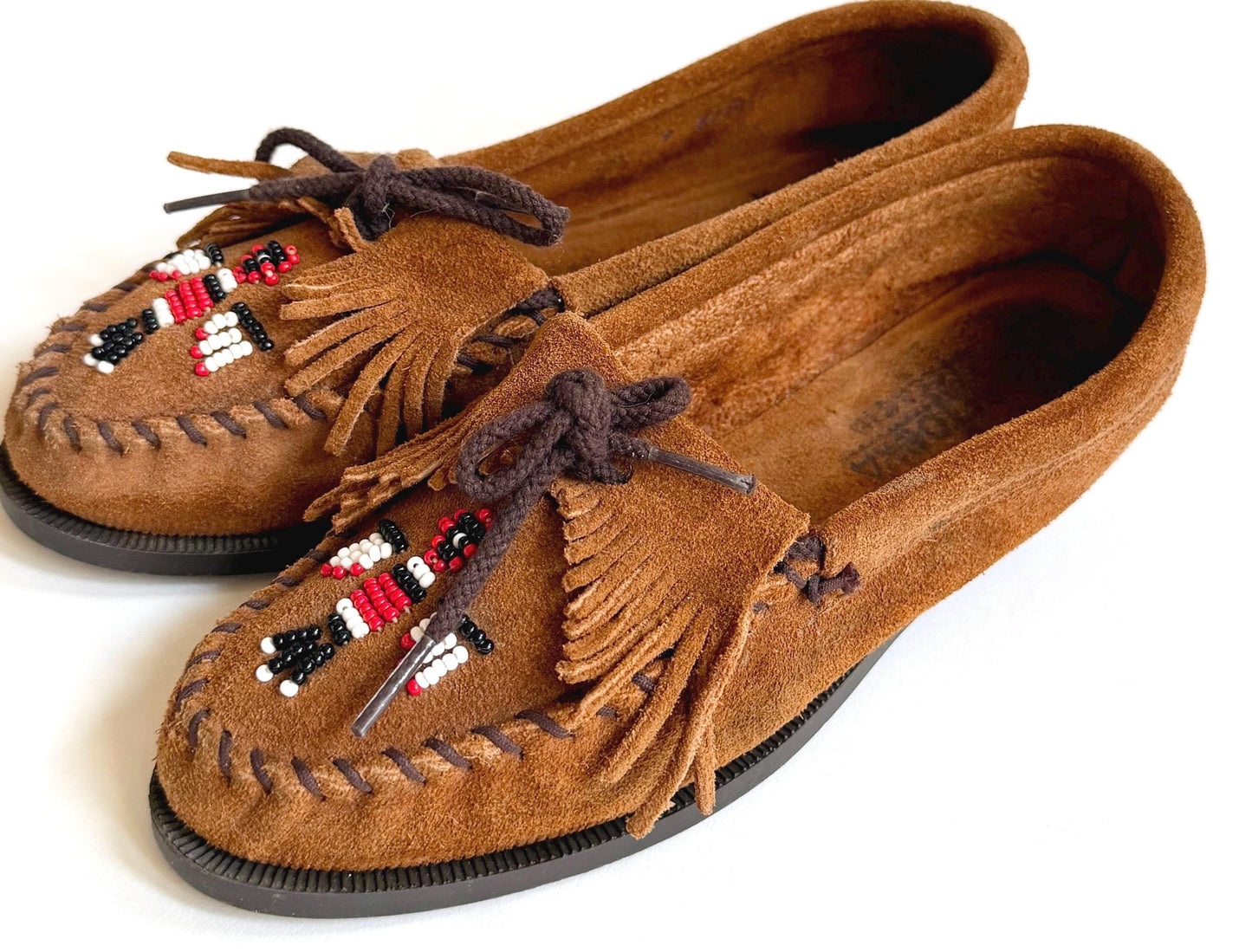 Vintage Minnetonka Moccasins Brown Sueded Leather with Thunderbird Beading