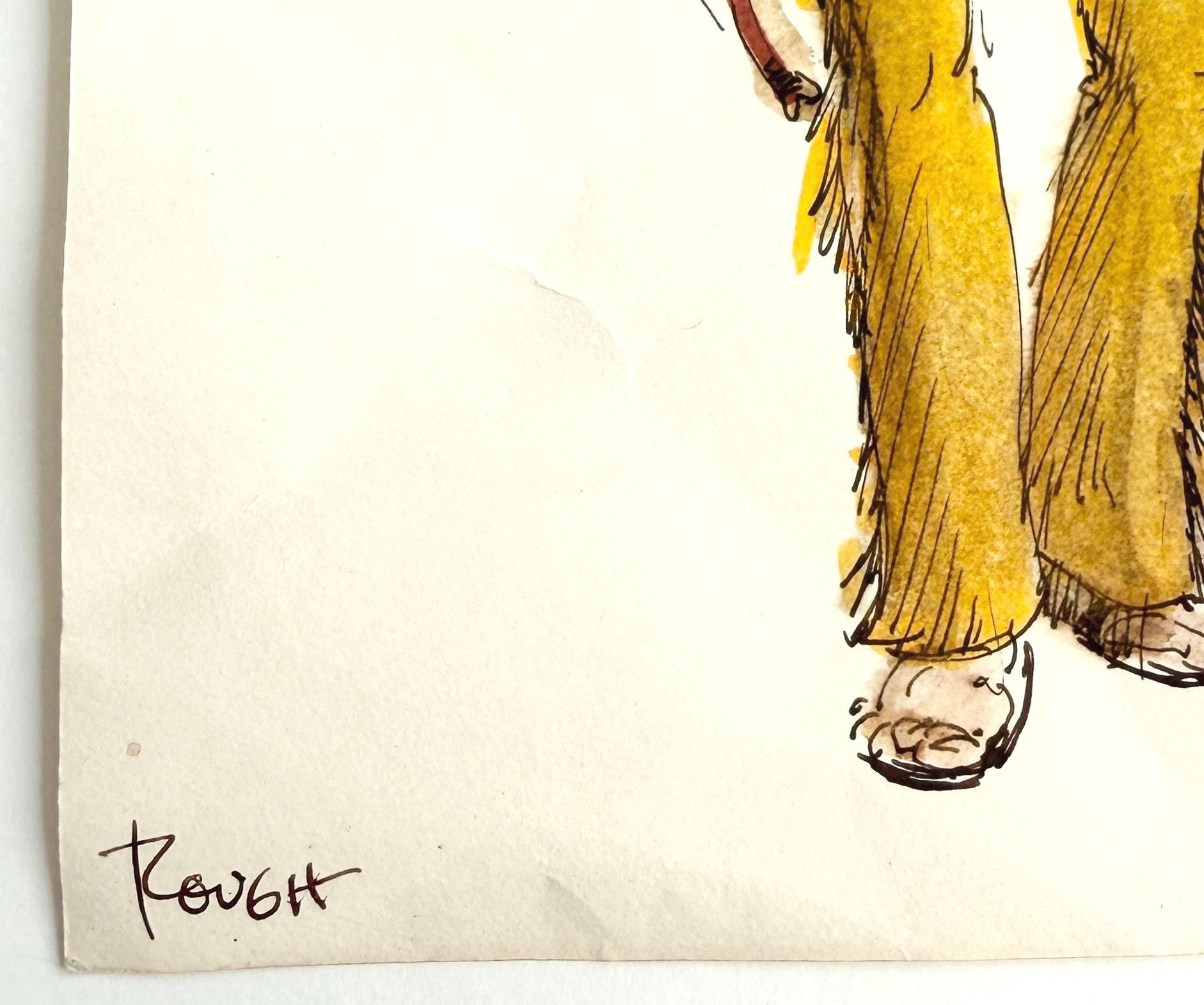 Vintage 70s Signed Fashion Sketch Drawing Boho Hippie Original Art