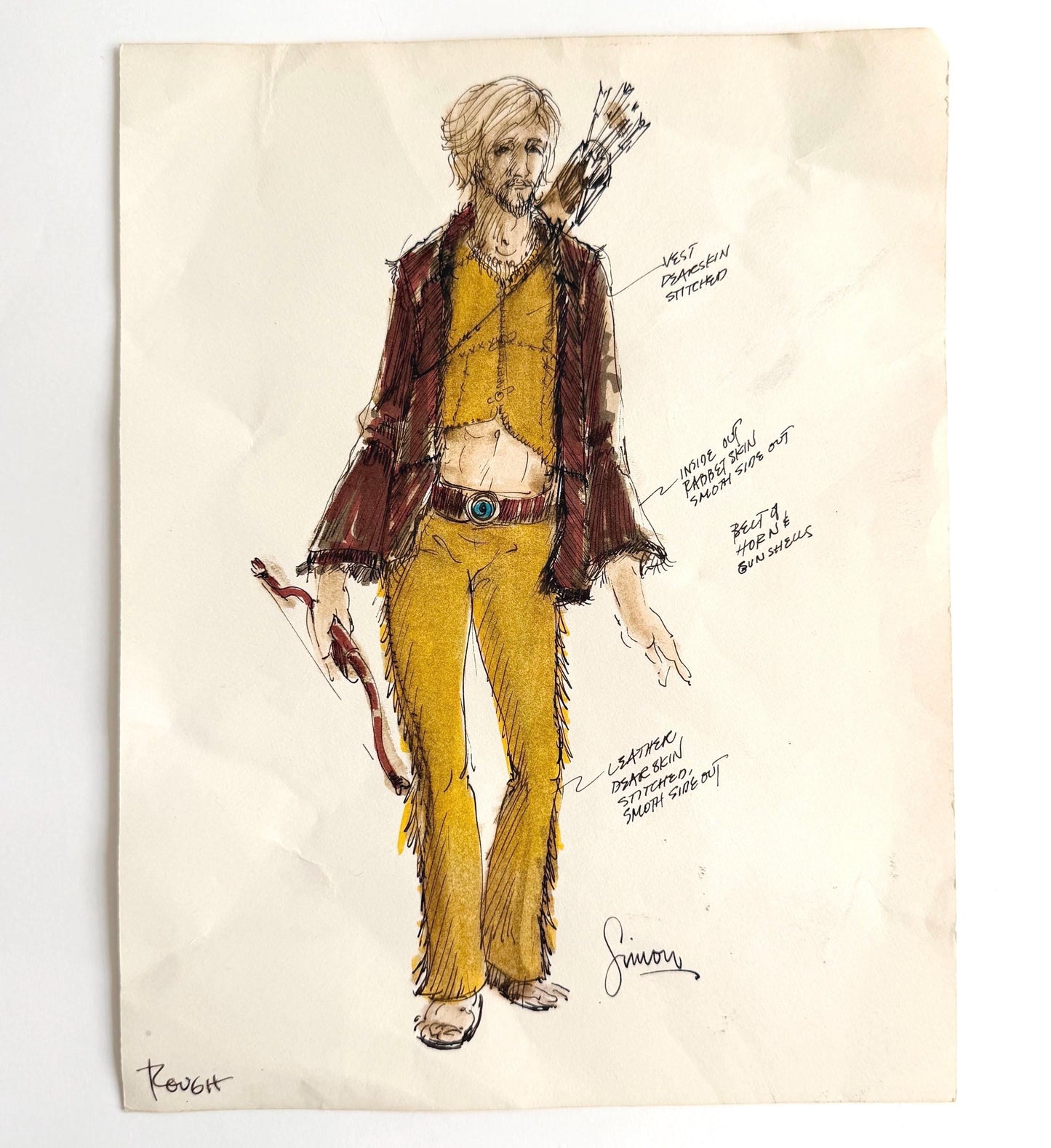 Vintage 70s Signed Fashion Sketch Drawing Boho Hippie Original Art
