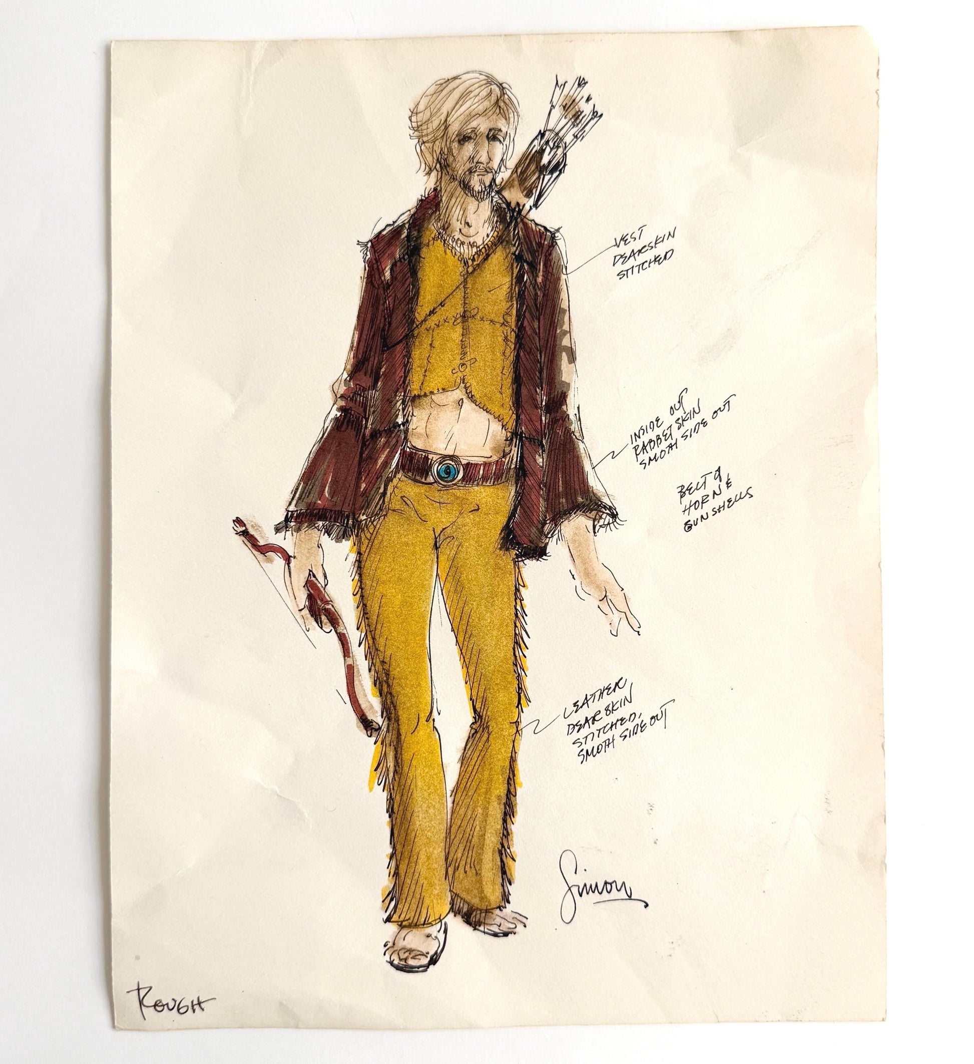 Vintage 70s Signed Fashion Sketch Drawing Boho Hippie Original Art