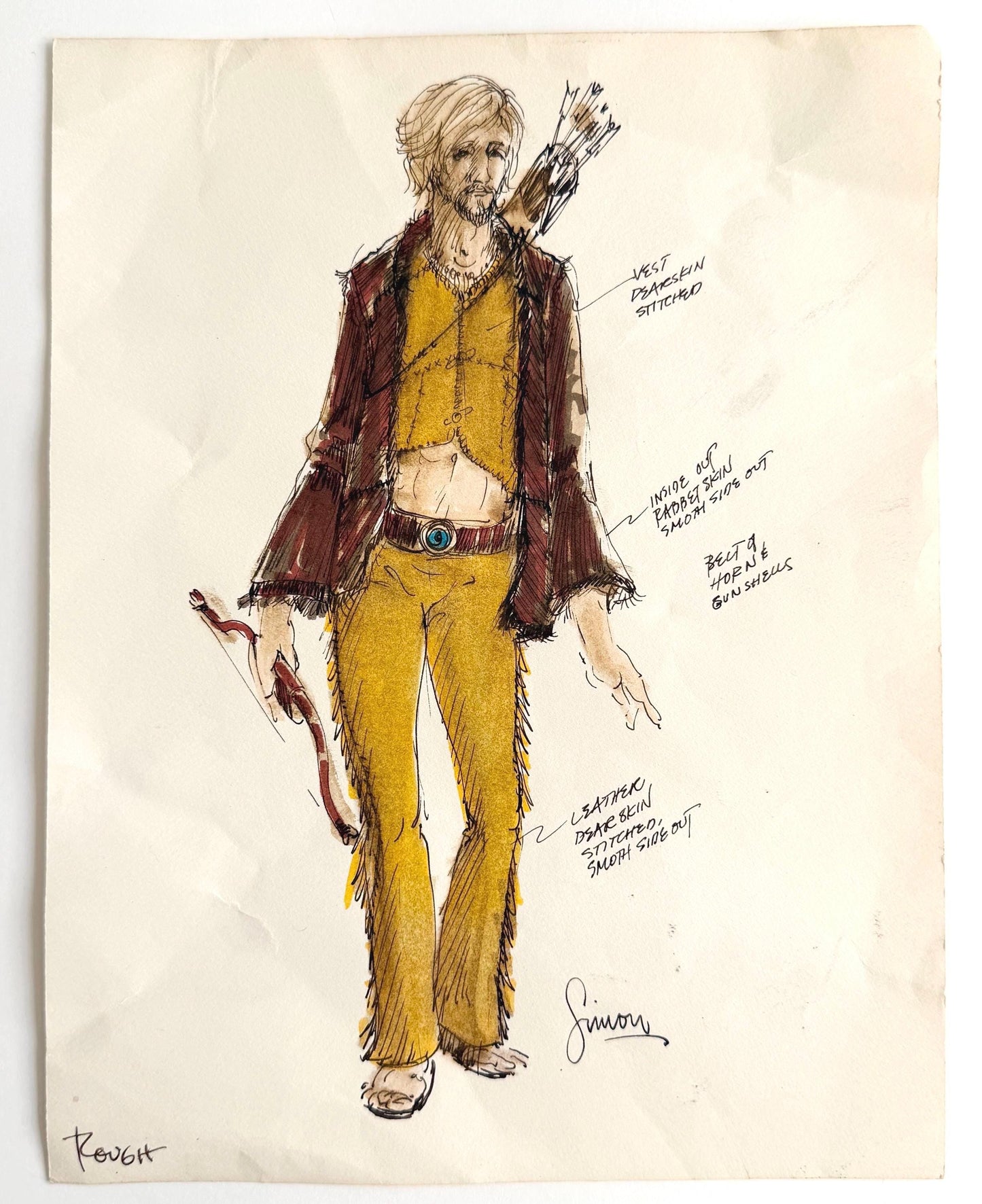 Vintage 70s Signed Fashion Sketch Drawing Boho Hippie Original Art