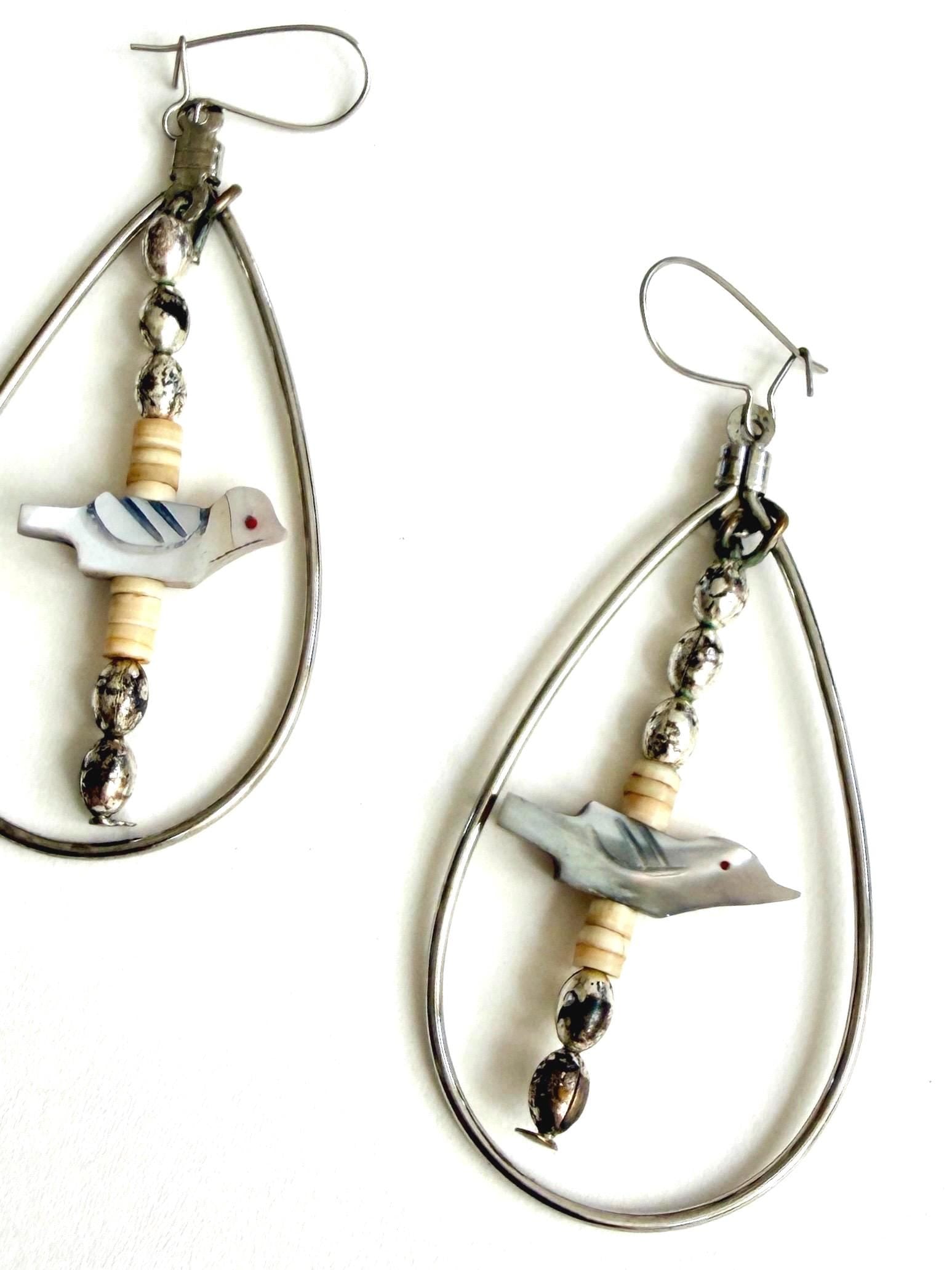Vintage 70s Southwest Bird Dangle Earrings 2.5" Drop