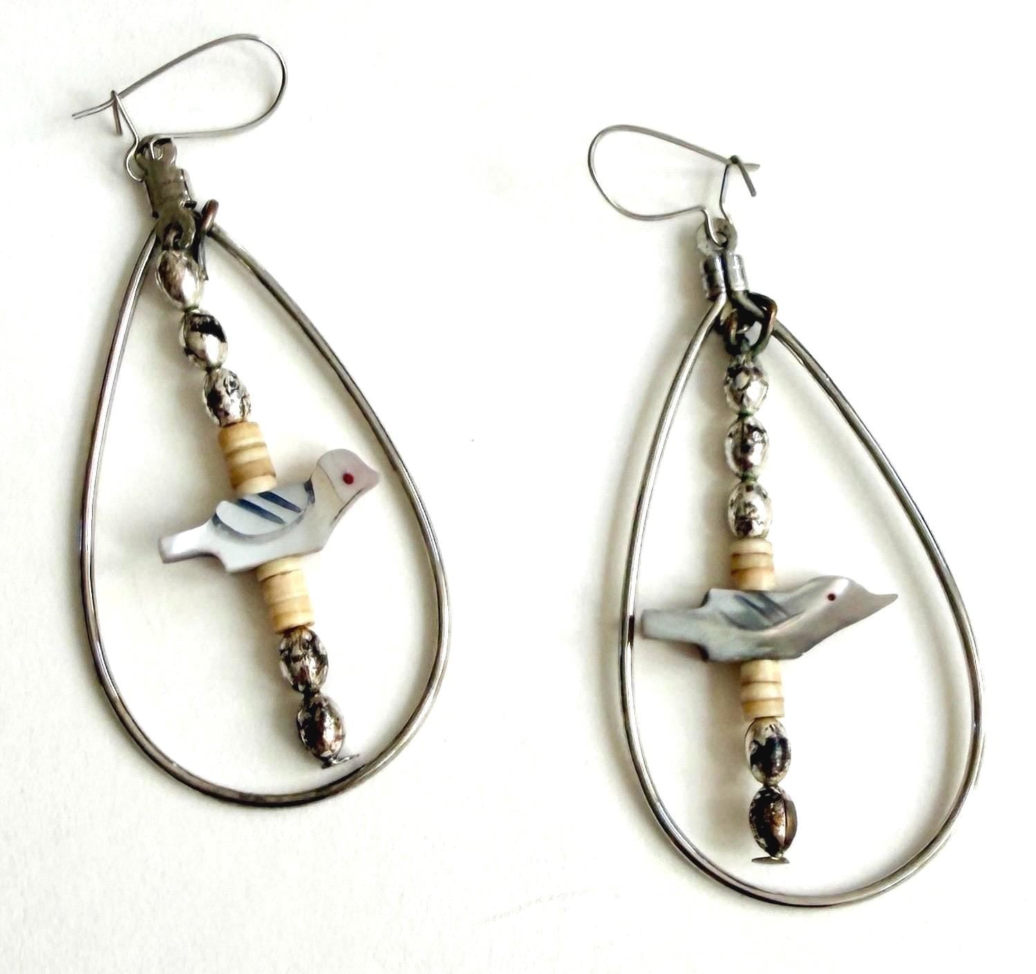 Vintage 70s Southwest Bird Dangle Earrings 2.5" Drop