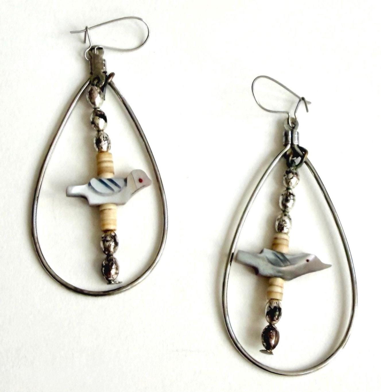 Vintage 70s Southwest Bird Dangle Earrings 2.5" Drop