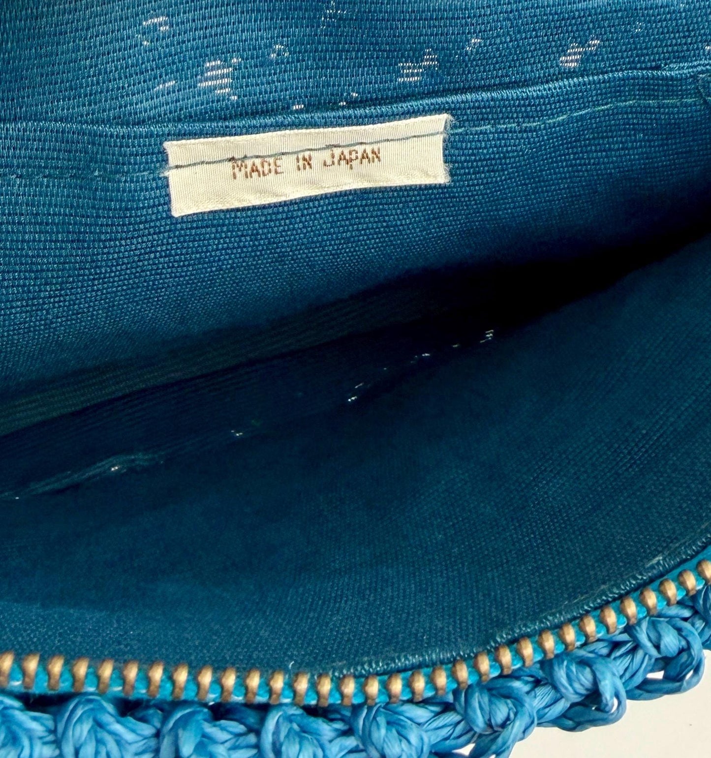 Vintage Blue Raffia Clutch Bag Pouch Mid Century Made in Japan