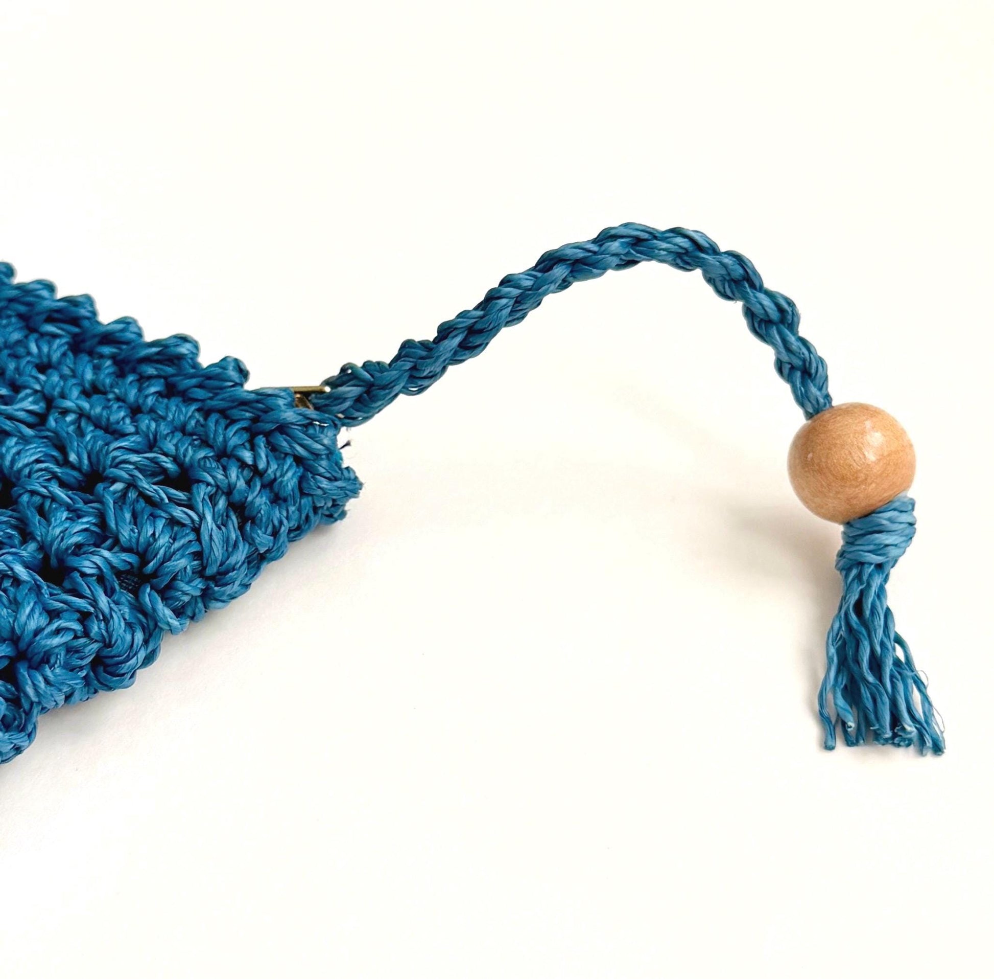 Vintage Blue Raffia Clutch Bag Pouch Mid Century Made in Japan