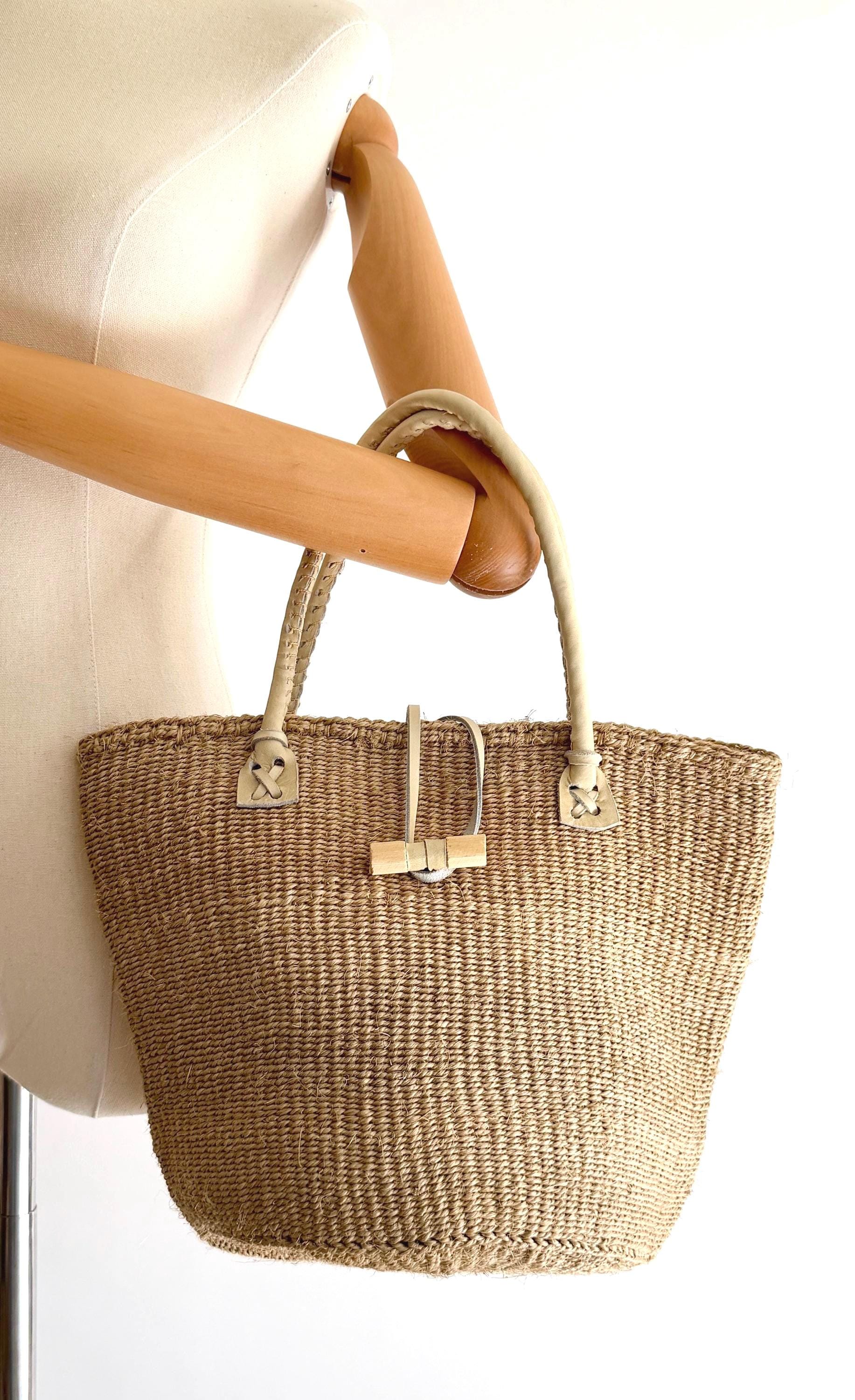 Vintage Neutral Beige Sisal Bag with Leather Straps
