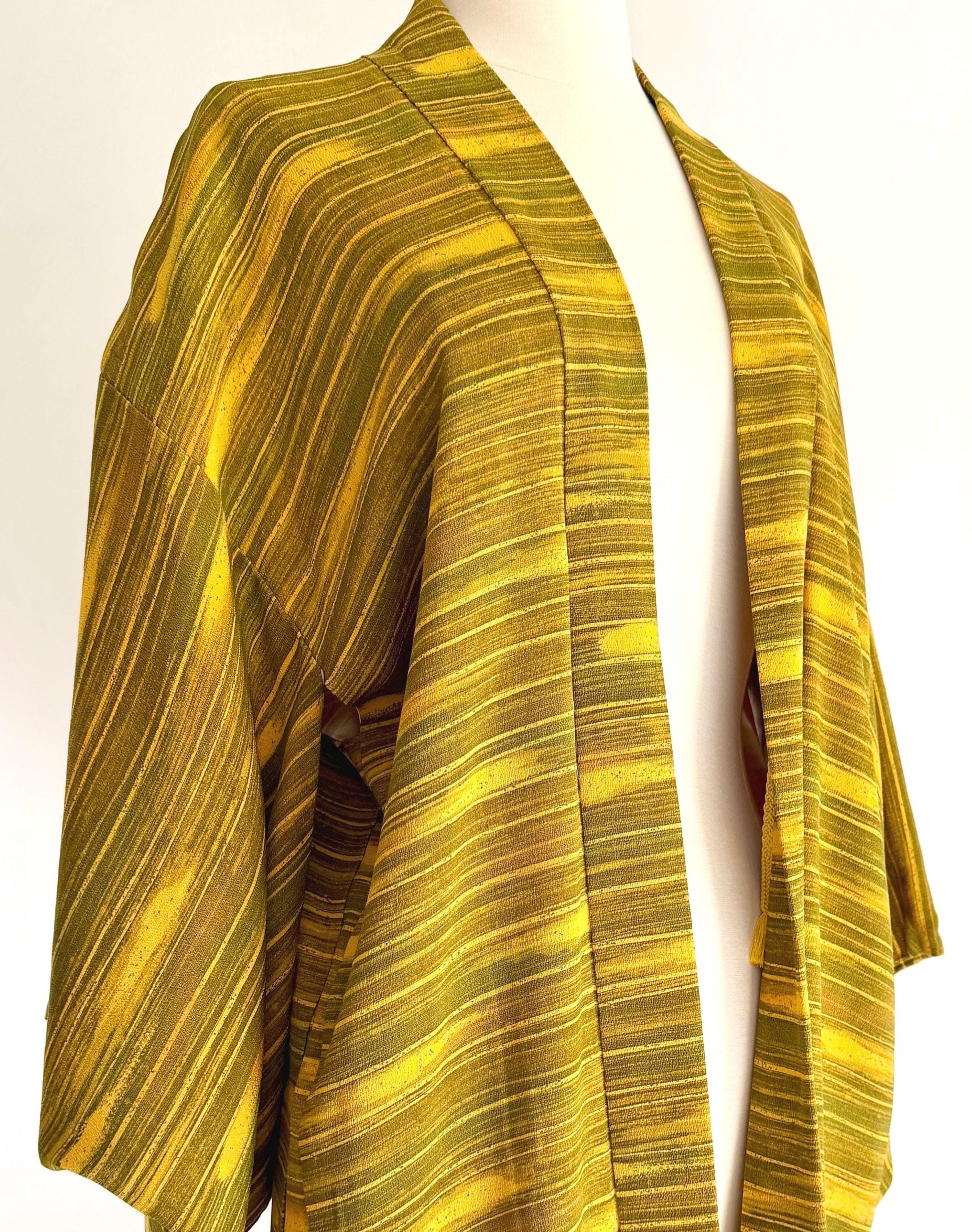 Vintage Japanese Silk Kimono Jacket Mustard Yellow Olive Green
