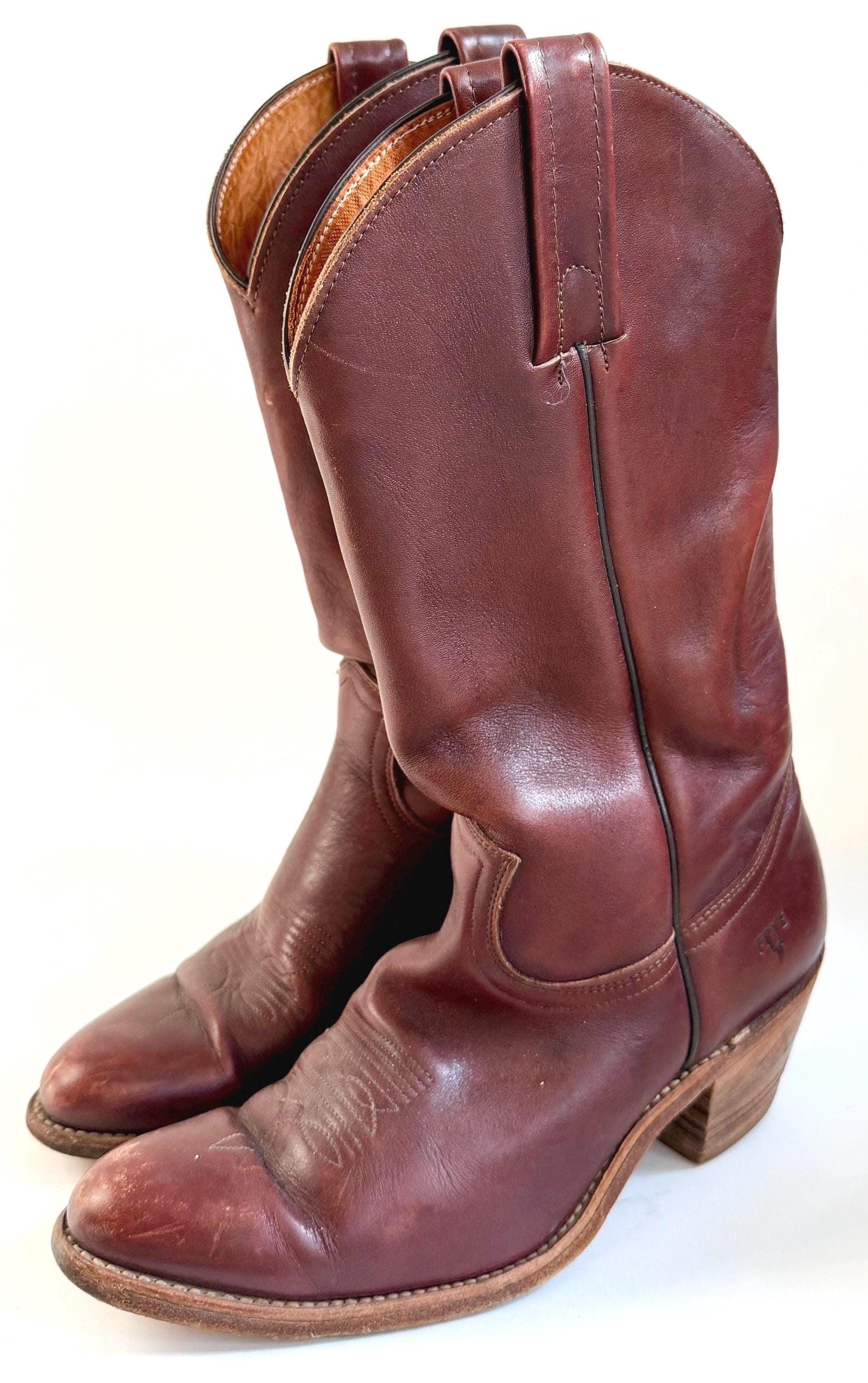 Vintage Frye Western Cowboy Boots Oxblood Brown Leather Made in USA