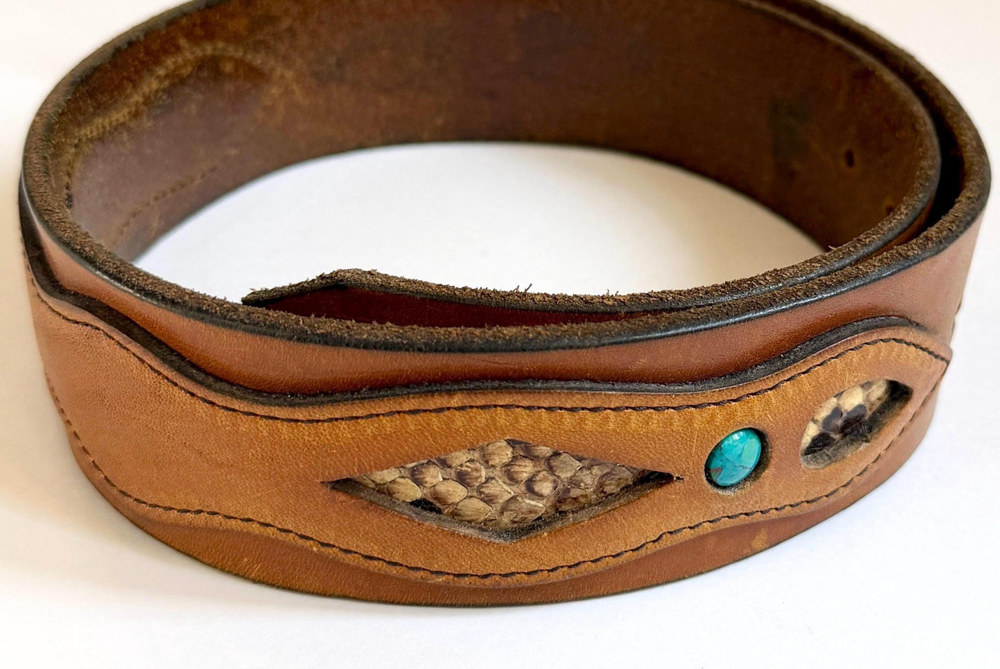 Vintage Western Snakeskin Turquoise Belt Brown Leather Strap