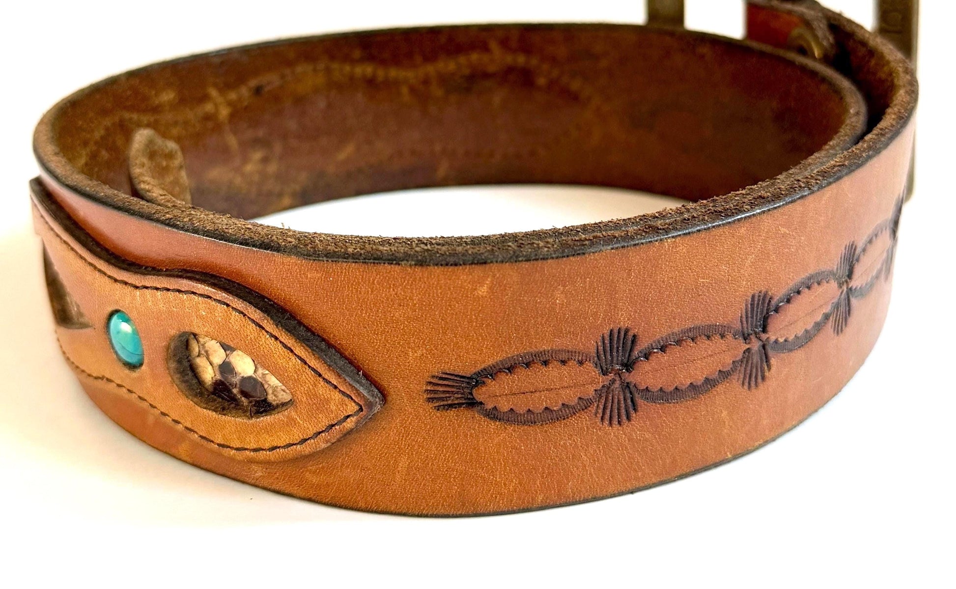 Vintage Western Snakeskin Turquoise Belt Brown Leather Strap
