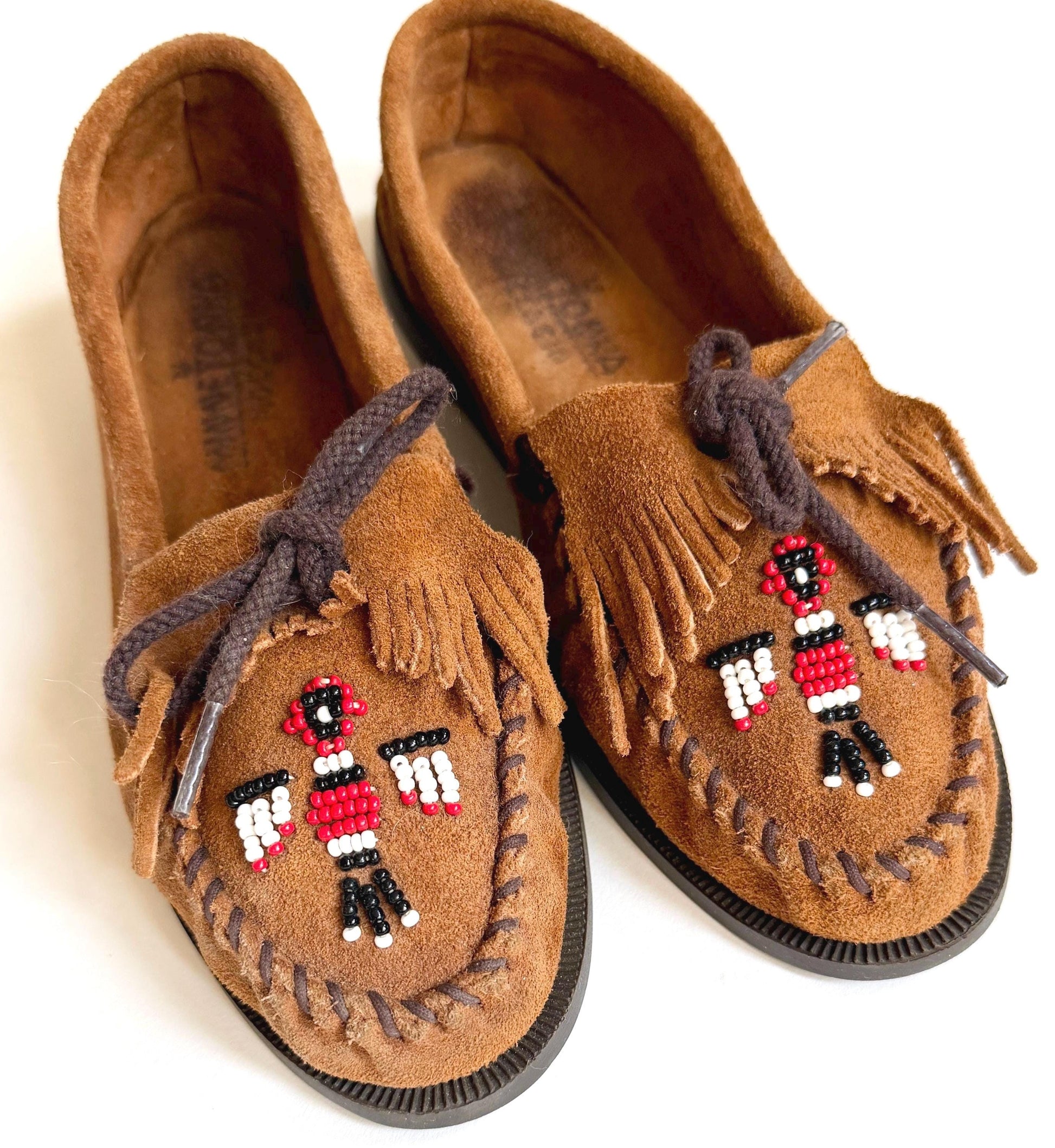 Vintage Minnetonka Moccasins Brown Sueded Leather with Thunderbird Beading
