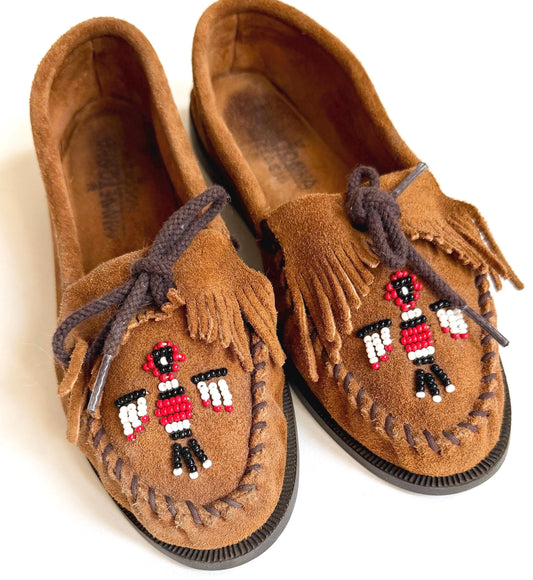 Vintage Minnetonka Moccasins Brown Sueded Leather with Thunderbird Beading