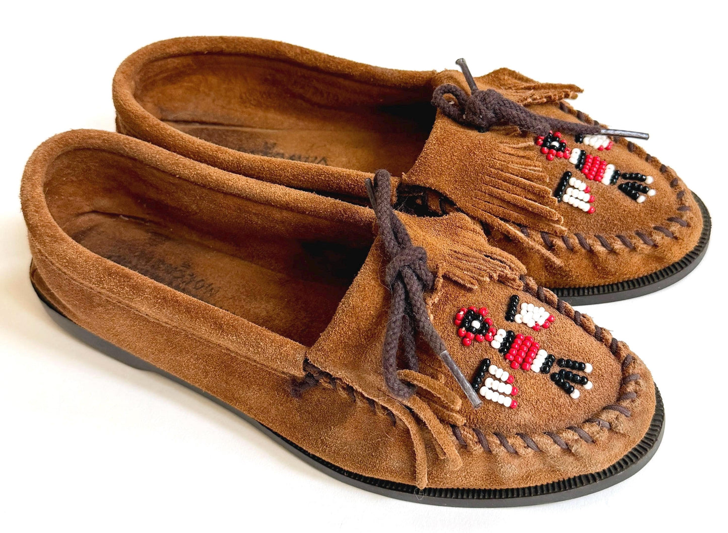 Vintage Minnetonka Moccasins Brown Sueded Leather with Thunderbird Beading