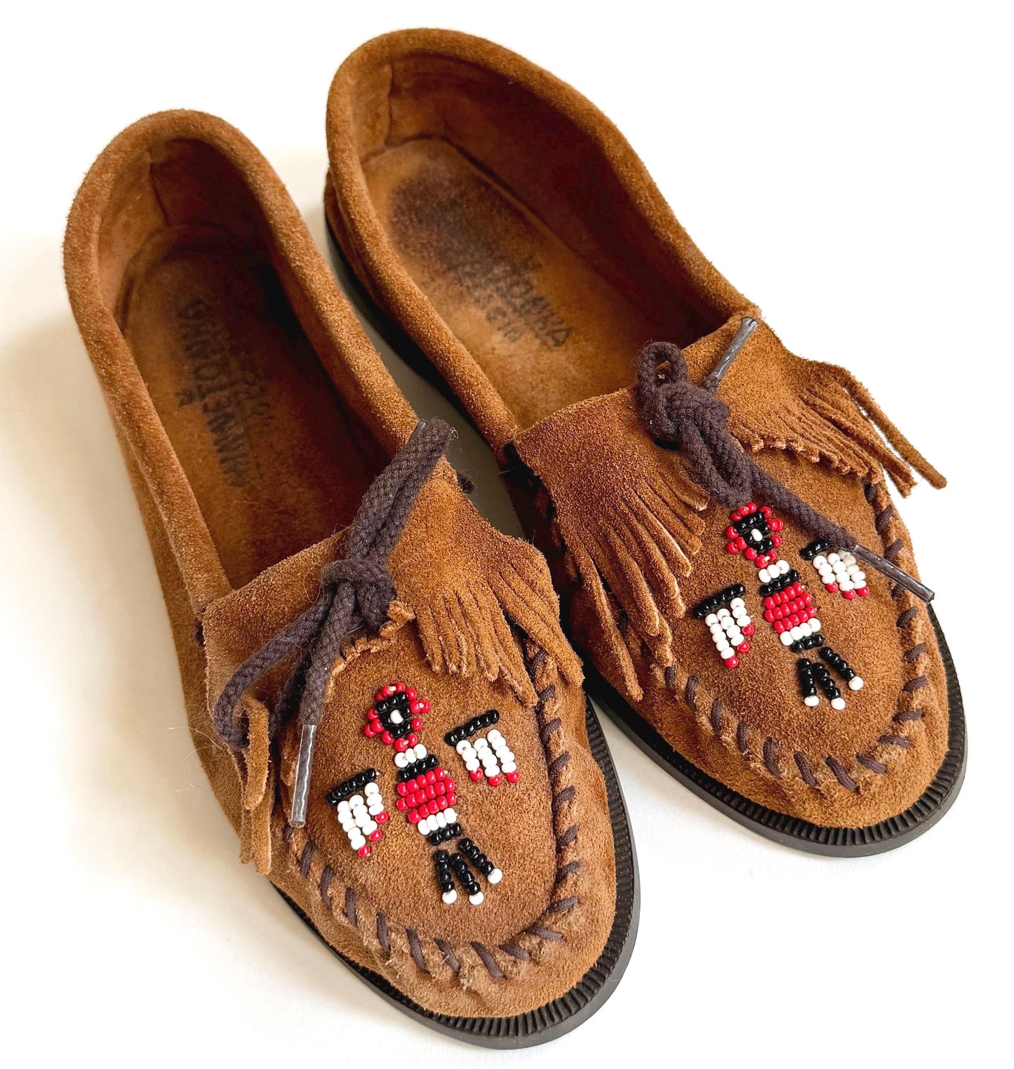 Vintage Minnetonka Moccasins Brown Sueded Leather with Thunderbird Beading