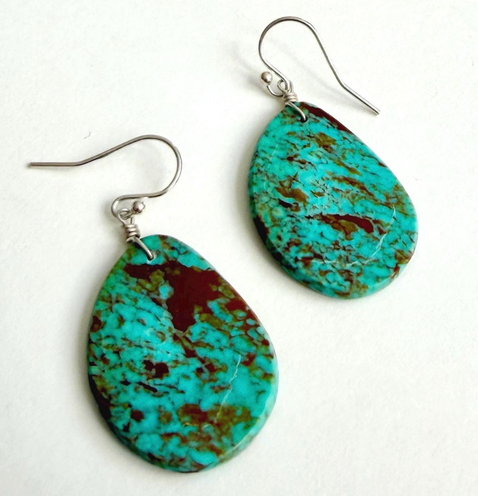 Vintage Turquoise Slab Dangle Earrings Native American Santo Domingo