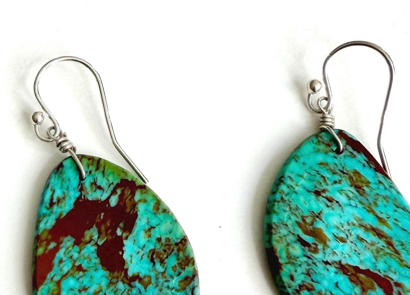 Vintage Turquoise Slab Dangle Earrings Native American Santo Domingo