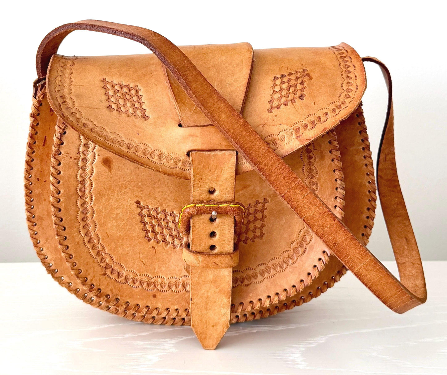 Vintage 70s Handmade Tooled Leather Bag