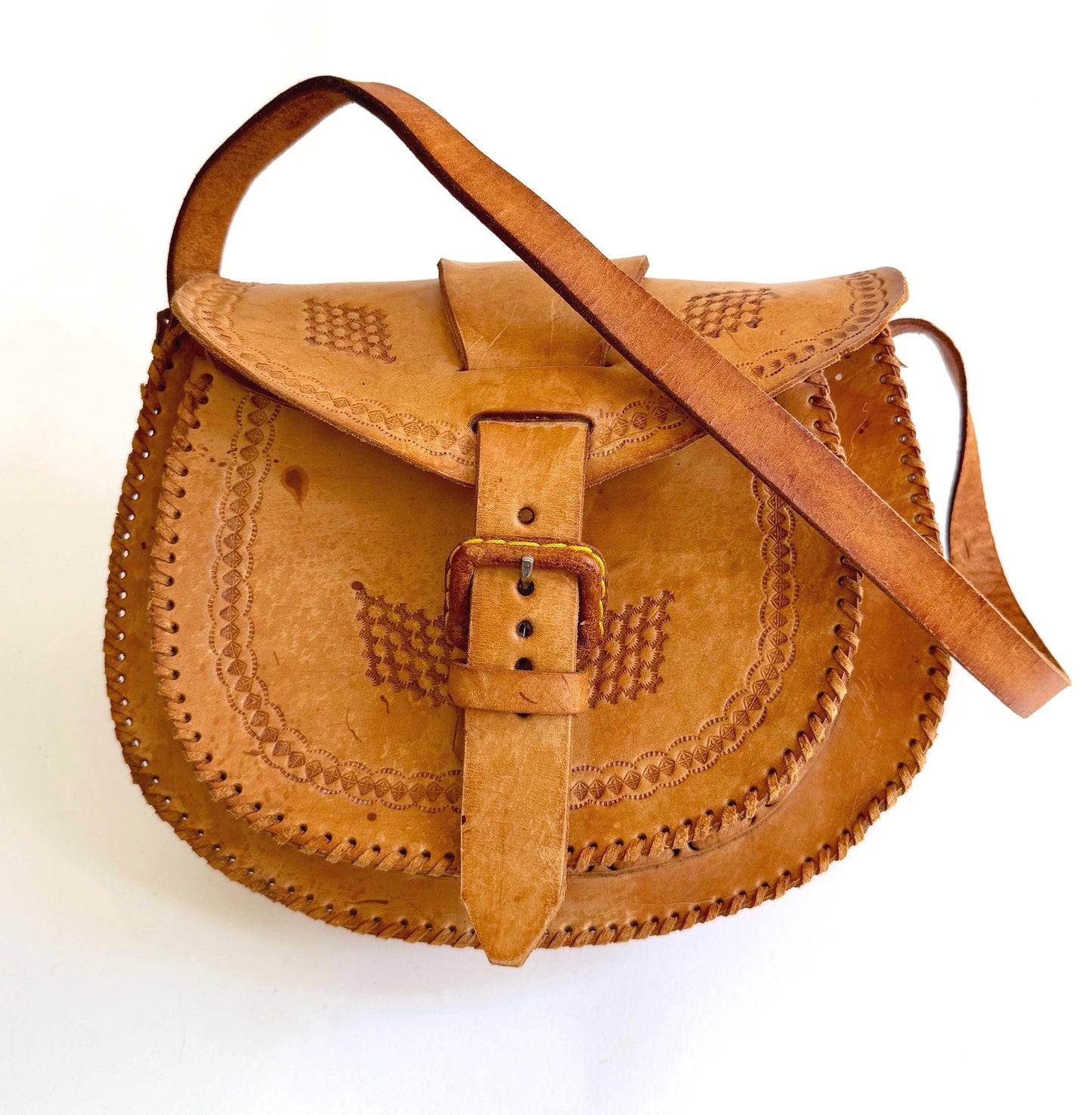 Vintage 70s Handmade Tooled Leather Bag