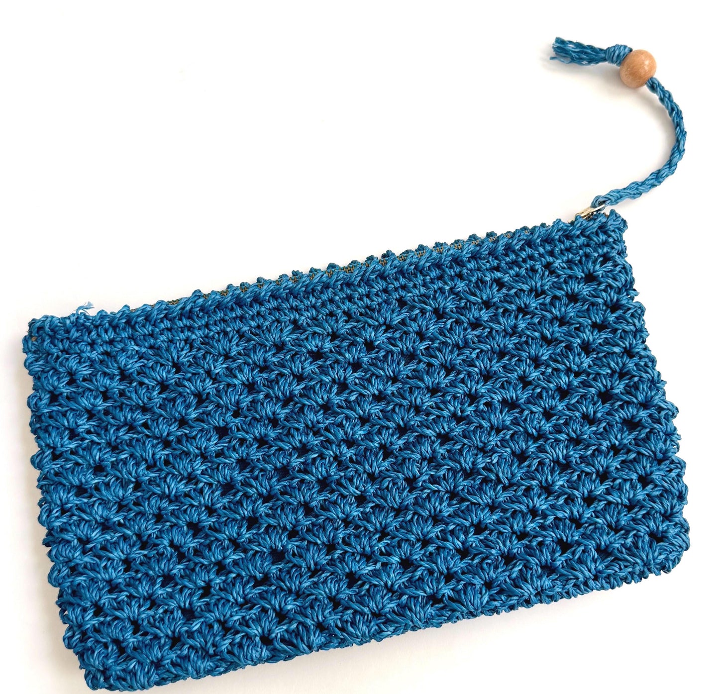 Vintage Blue Raffia Clutch Bag Pouch Mid Century Made in Japan